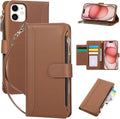Compatible with iPhone 11 Wallet Phone Case-PU Leather Magnetic Flip Cover with Credit Card Slots,Zipper Pocket & Detachable Wrist Strap,Shockproof Design,for Women and Men-Brown