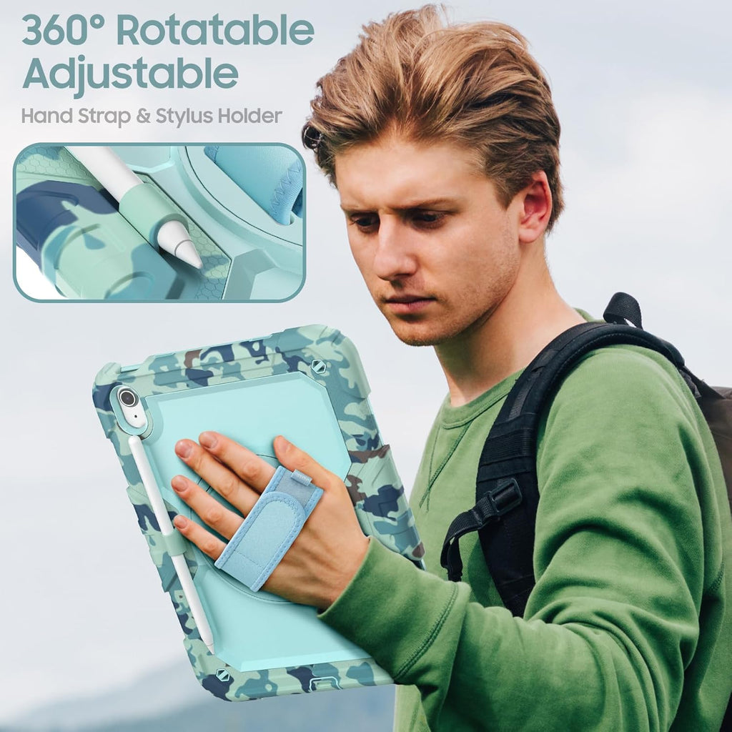 SCSVPN Kids Case for iPad (A16) 11th/10th Generation 11/10.9 inch 2025/2022, Shockproof Rugged Cute Rainbow Cover for iPad 11/10 with Pencil Holder, 360 Rotating Stand, Hand/Shoulder Strap, Camo Blue