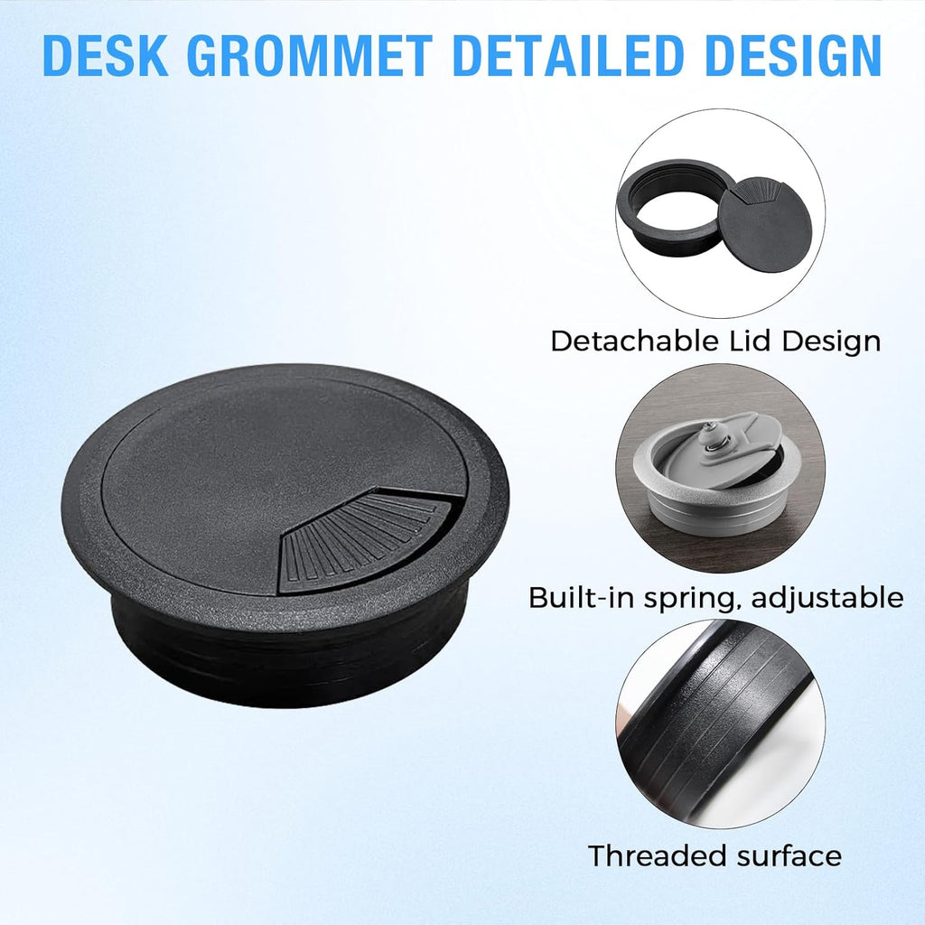 Desk Grommet 2" (50 mm), Desk Cord Hole Cover, Cable Grommet ABS Plastic, Desk Hole Grommet for Office and Home Table Cable, Detachable Adjustable Cable Cord Organizer (Black 2 Pcs)
