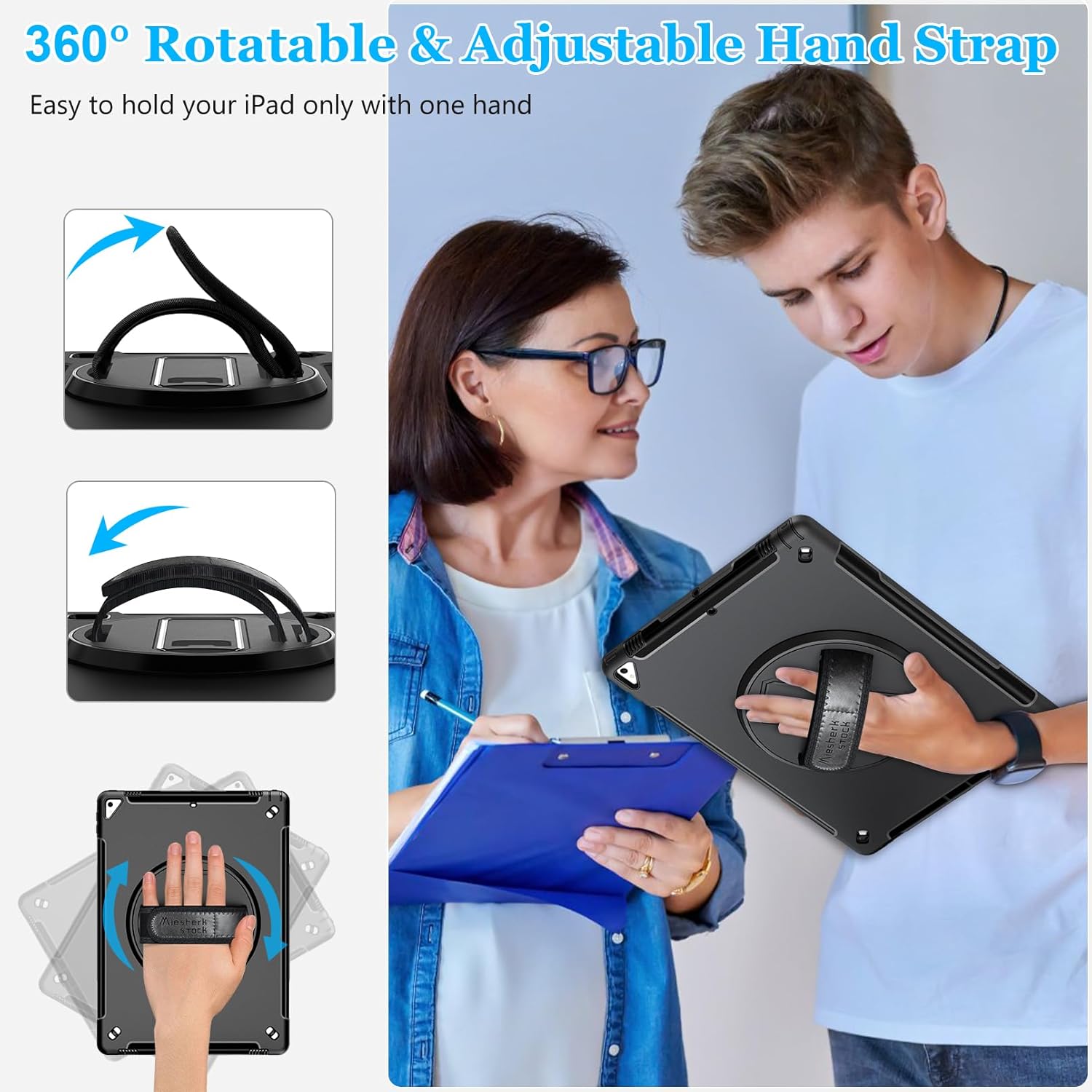 Case for iPad Pro 12.9 2nd Generation 2017 & 2015 1st Generation, Heavy Duty Rugged TPU Protective Cover with Screen Protector- Stand + Handle Hand & Shoulder Strap + Pencil Holder- Black