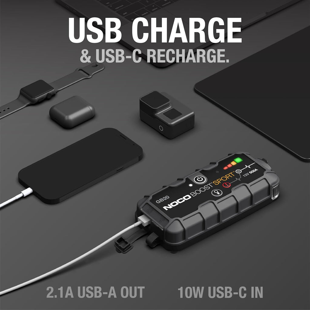 NOCO Boost GB20: 500A UltraSafe Jump Starter – 12V Lithium Battery Booster Pack, Portable Jump Box, Power Bank & Jumper Cables - for 4.0L Gas Engines