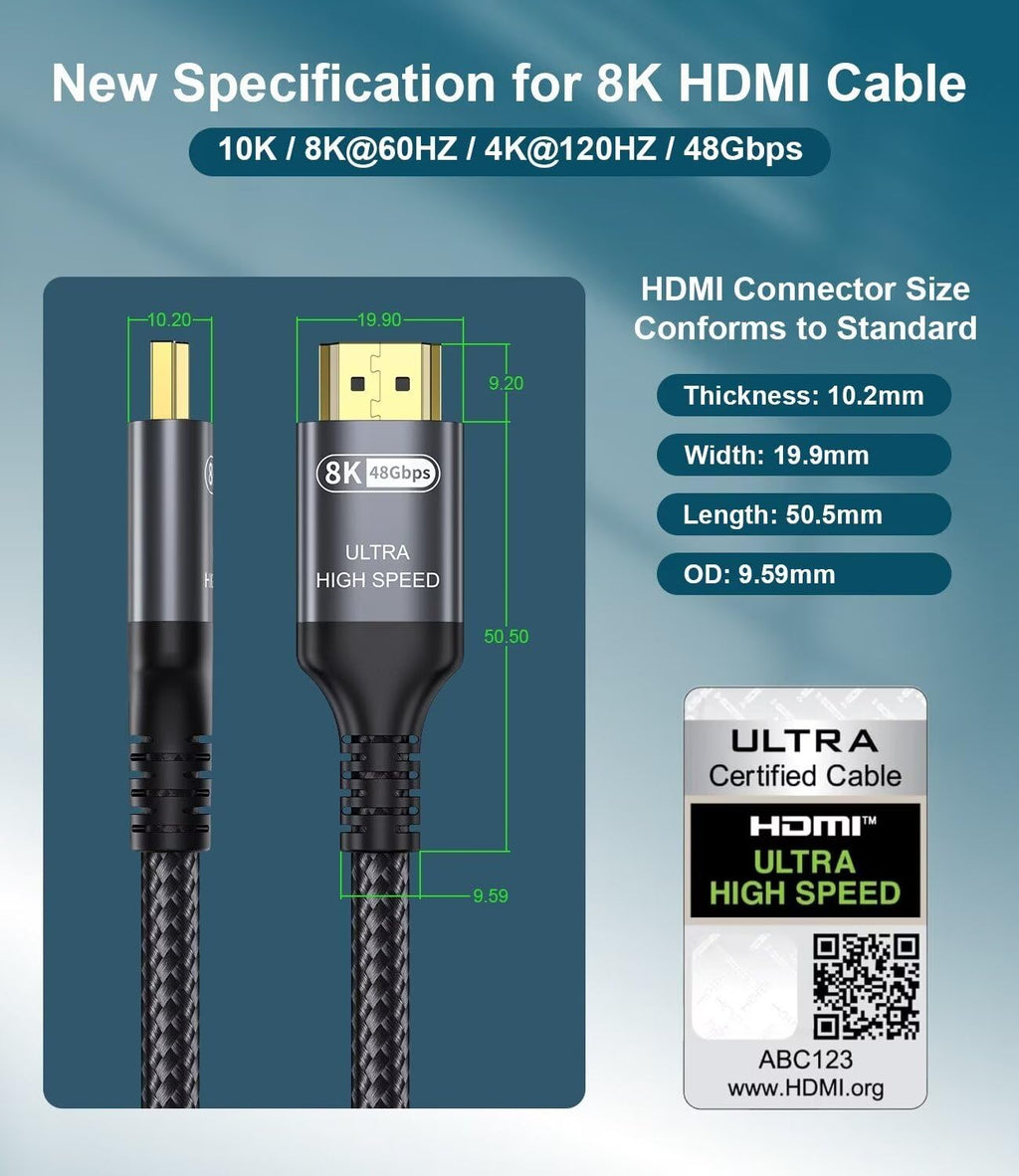 Certified 10K 8K HDMI 2.1 Cable 20 FT, 48Gbps Ultra High Speed HDMI Cable with Ethernet 4K 240Hz 165Hz 144Hz 120Hz 8K60Hz eARC HDCP2.3 HDR10+ PC Laptop TV Monitor Projector