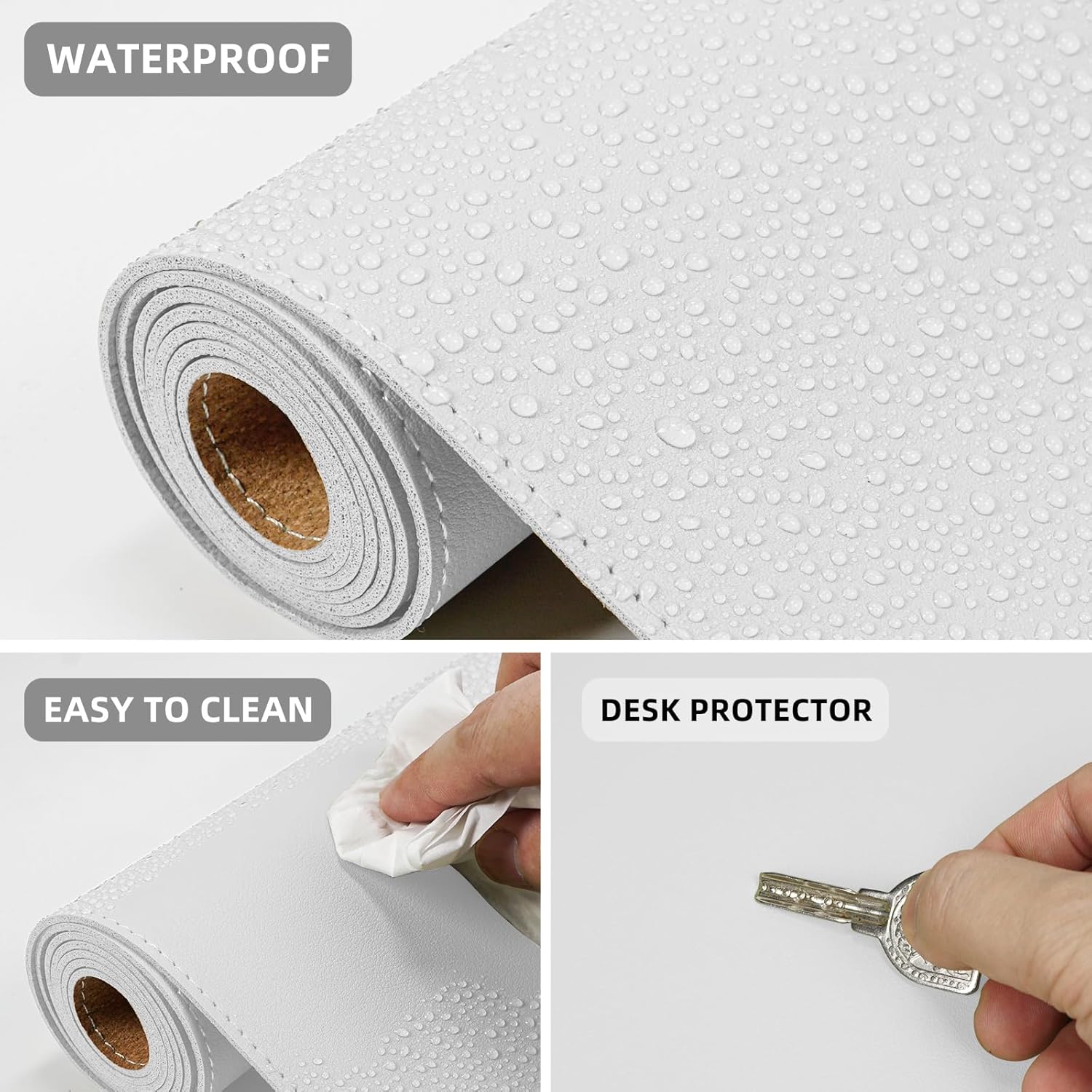Leather Desk Protector, 47in*23.7in Large Mat with Natural Cork & PU Leather, Mouse Pad, Non-Slip Office Mat, Waterproof Writing Pad for Office and Home (Ivory White)