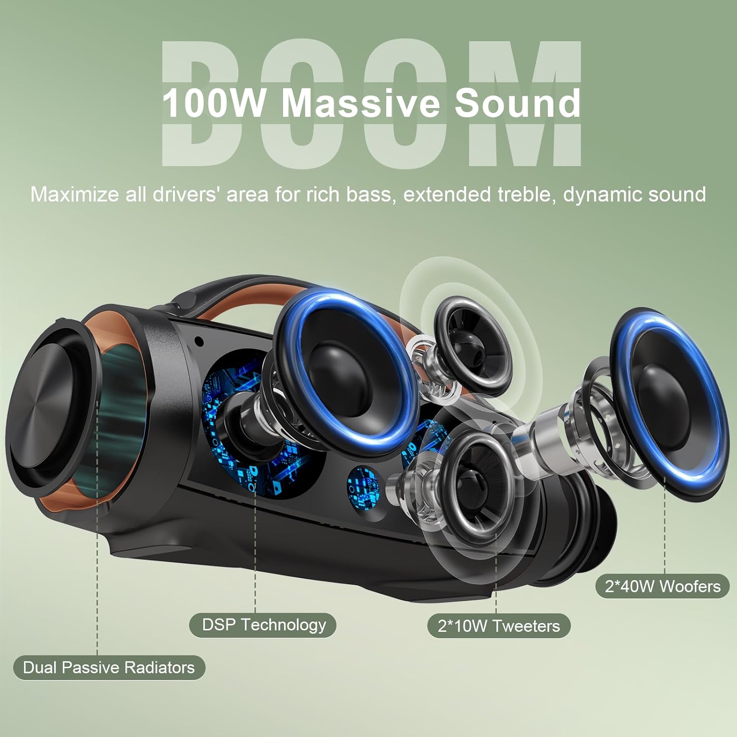 DOSS Extreme Boom+ Loud Bluetooth Speaker with 100W Stereo Sound, Extra Bass, 20H Playtime, Party-Sync Led Lights, Built-in Power Bank, IPX6 Waterproof Outdoor Speaker for Camping, Travel-Copper Gold