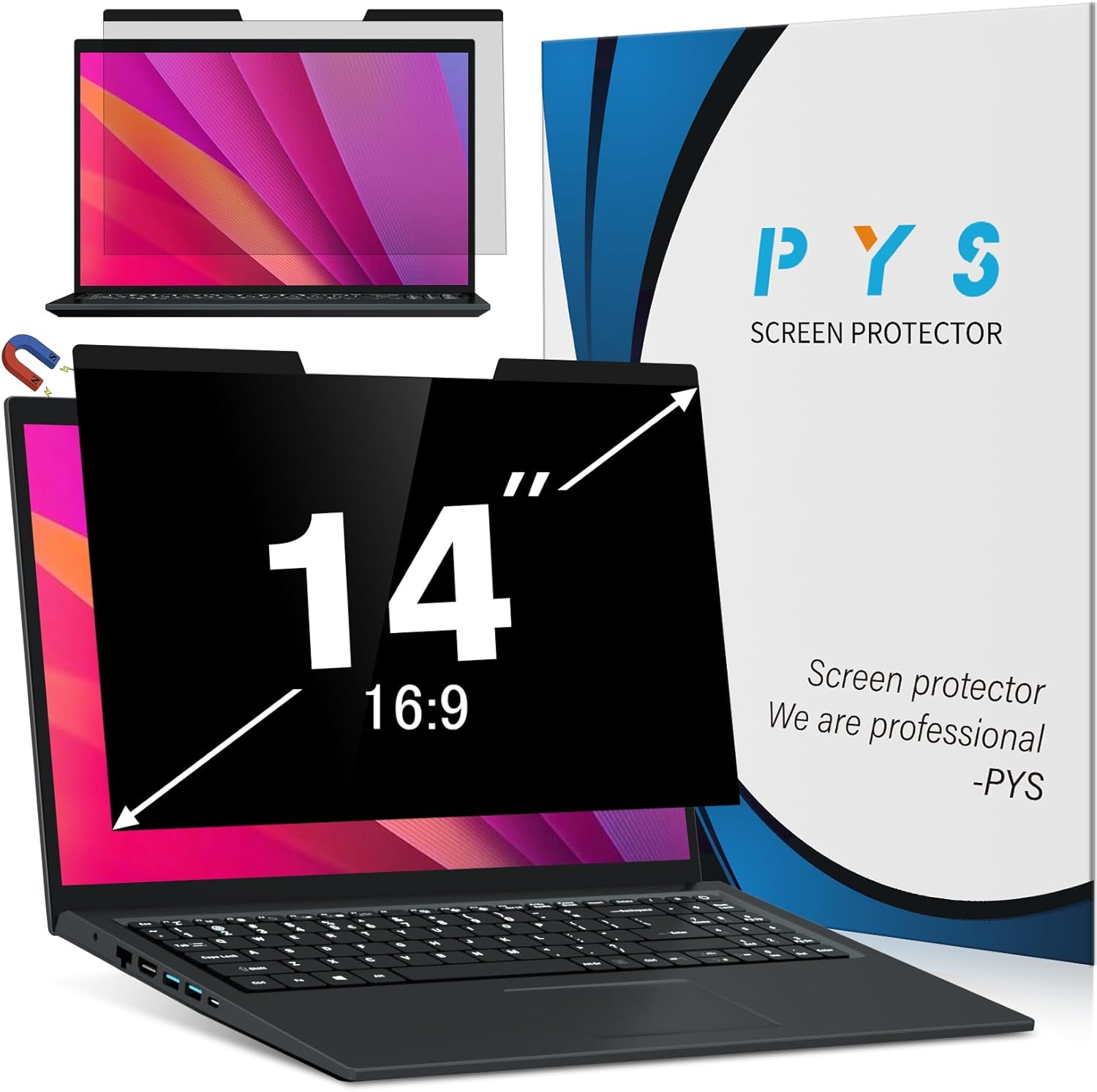 PYS Magnetic Laptop Privacy Screen 14 Inch (16:9 Aspect) - Anti-Glare Blue Light Filter, Removable Privacy Screen Protector Compatible with HP/Dell/Acer/Lenovo/Samsung/ASUS (12.2x6.9inch/ W x H)