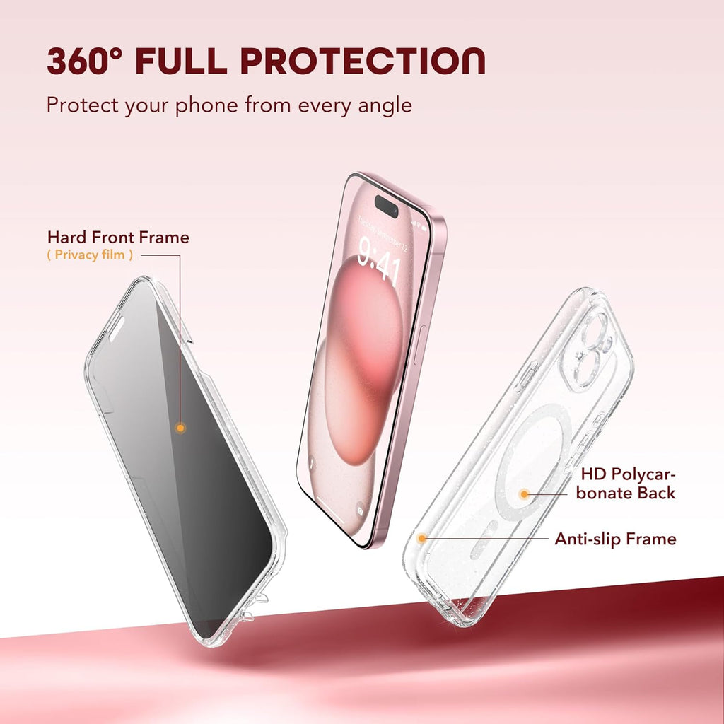 Magnetic for iPhone 15 Case, Compatible with MagSafe, Built-in Privacy Screen Protector and Camera Protection, Anti Spy Full Body Dustproof Shockproof Hard Phone Case 6.1", Shiny Clear