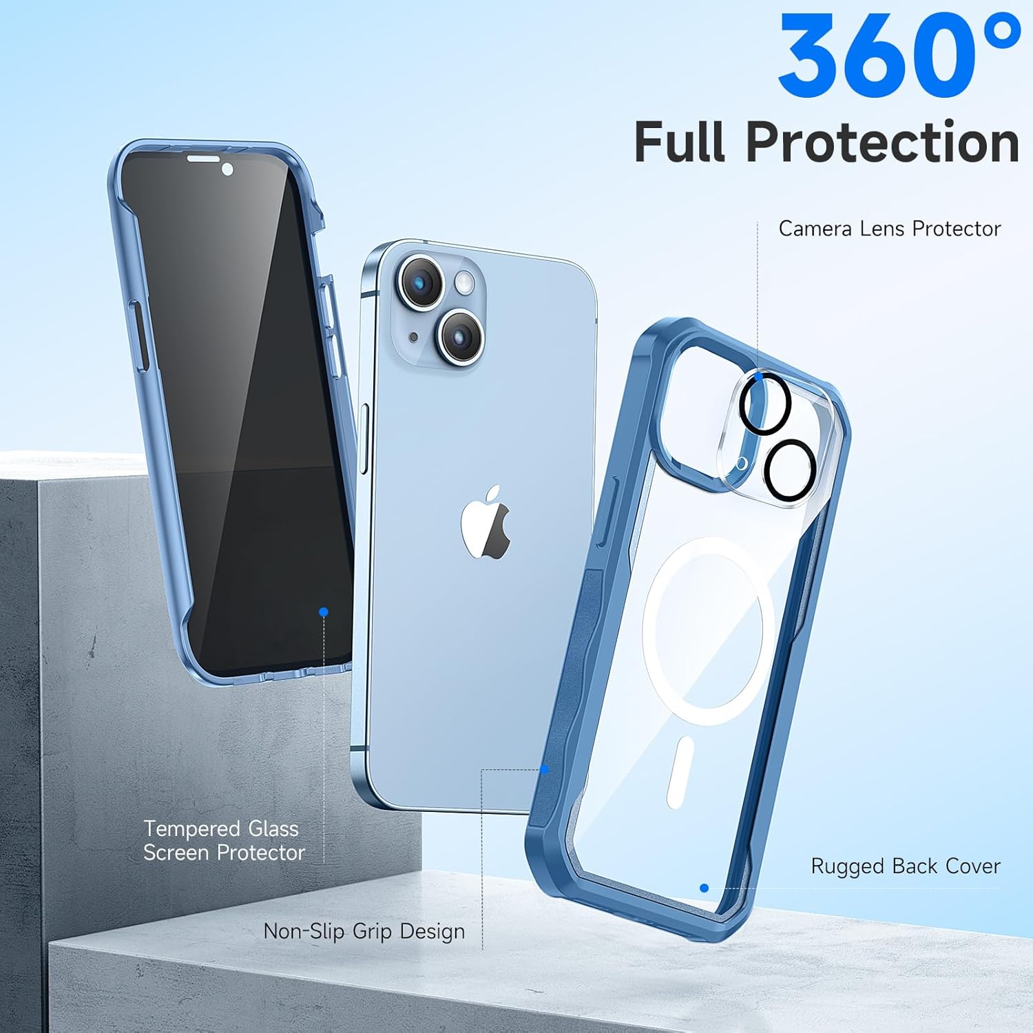 seacosmo for iPhone 14 Plus Case, Full Body Bumper with Built-in 9H Tempered Glass Privacy Screen and Camera Lens Protector, Compatible with MagSafe, Shockproof 14 Plus Phone Case, 6.7", Blue