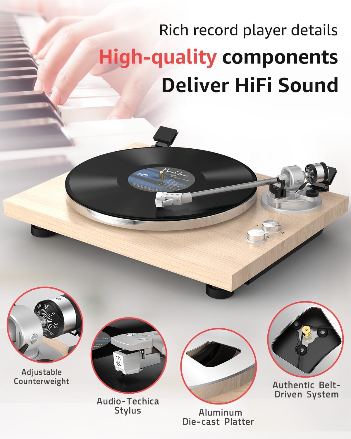 Turntable Record Player Wireless Output Carbon Fiber Tonearm Vinyl Player Aluminium Platter Belt-Drive LP Turn Tables 33 1/3&45 RPM Audio Phono RCA Line Out AT-3600L MM Cartridge Pale Walnut White