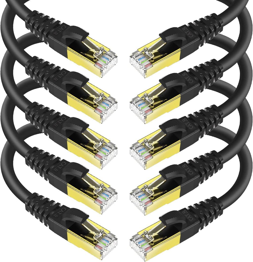 KASIMO CAT 8 Ethernet Cable 5 Feet, 10 Pack Black Shielded SFTP Internet Network Patch Cord, Heavy Duty High Speed LAN Cables w Gold Plated RJ45 Connector Professional for Router, Modem, Gaming