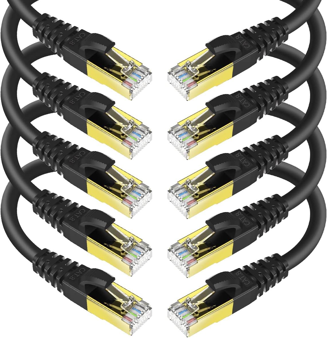 KASIMO CAT 8 Ethernet Cable 5 Feet, 10 Pack Black Shielded SFTP Internet Network Patch Cord, Heavy Duty High Speed LAN Cables w Gold Plated RJ45 Connector Professional for Router, Modem, Gaming