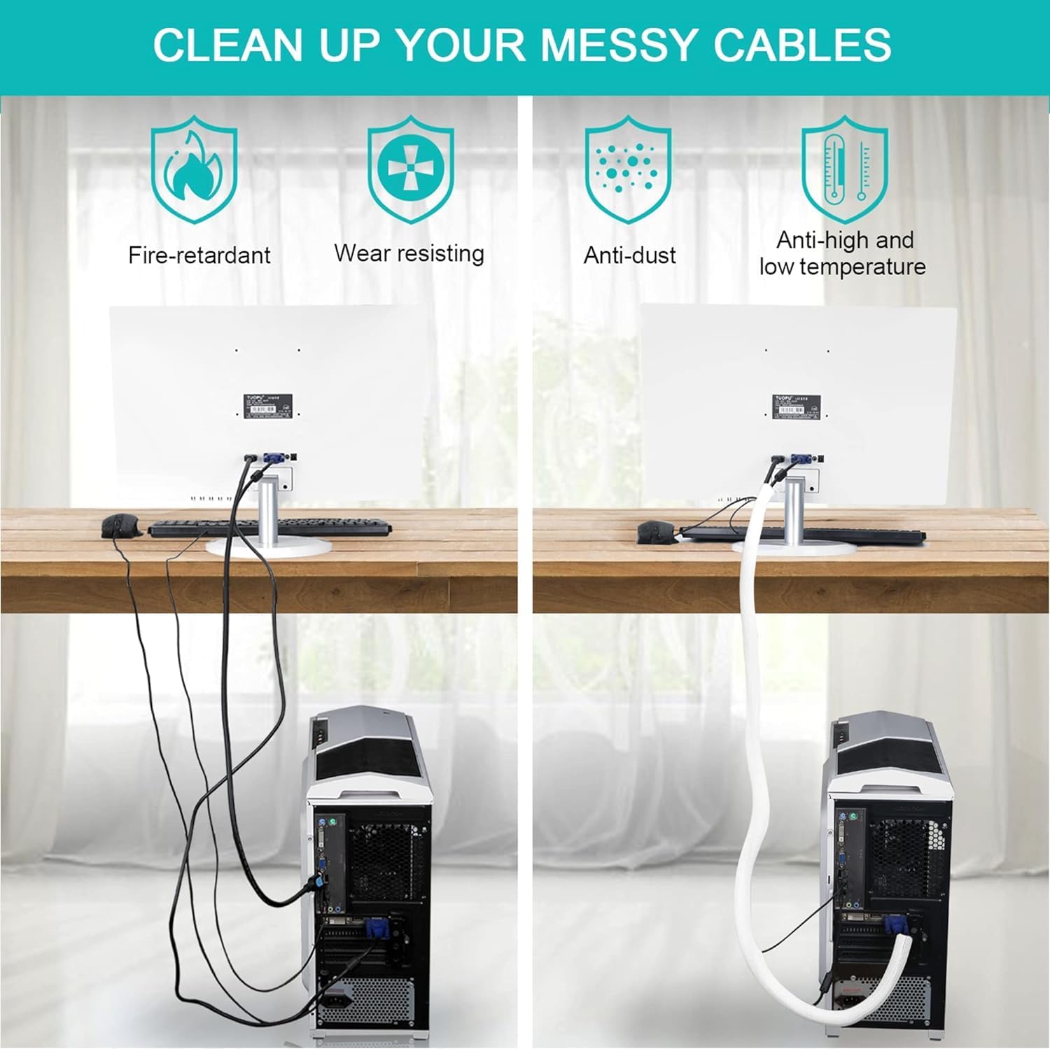 2 Pack 5ft - 1 inch White Cable Sleeve, Cable Organizer for Desk PC TV Computer, Wire Protector Cable Wrap Cover, Cord Management for Home Office