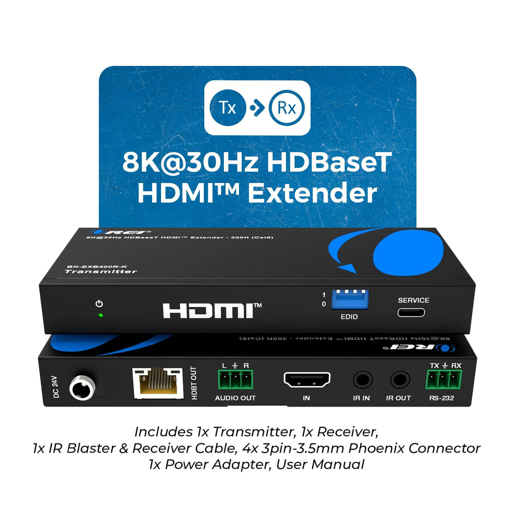 OREI 4K @ 120Hz HDMI Over Ethernet Extender Balun - HDBaseT UltraHD 8K@30hz CAT6/7 Cable with HDR, CEC & IR Control, RS-232 Up to 400 Ft Power Over Cable Audio Out (BK-EXB400R-K)
