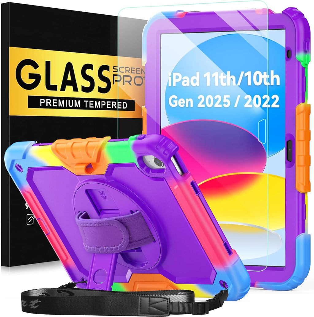BLOSOMEET Case for iPad A16 11th/10th Generation 11''/10.9'' 2025/2022 with Tempered Glass Screen Protector & Pencil Holder, Rugged Military Grade Cover w/Stand Hand Shoulder Strap, Purple