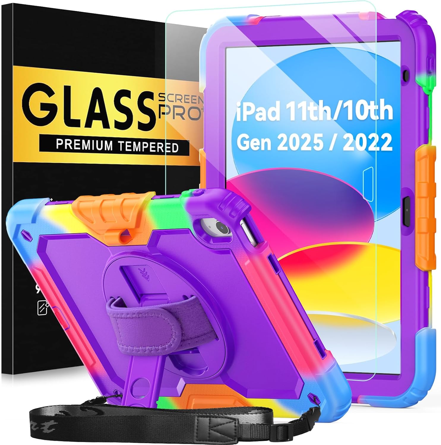 BLOSOMEET Case for iPad A16 11th/10th Generation 11''/10.9'' 2025/2022 with Tempered Glass Screen Protector & Pencil Holder, Rugged Military Grade Cover w/Stand Hand Shoulder Strap, Purple