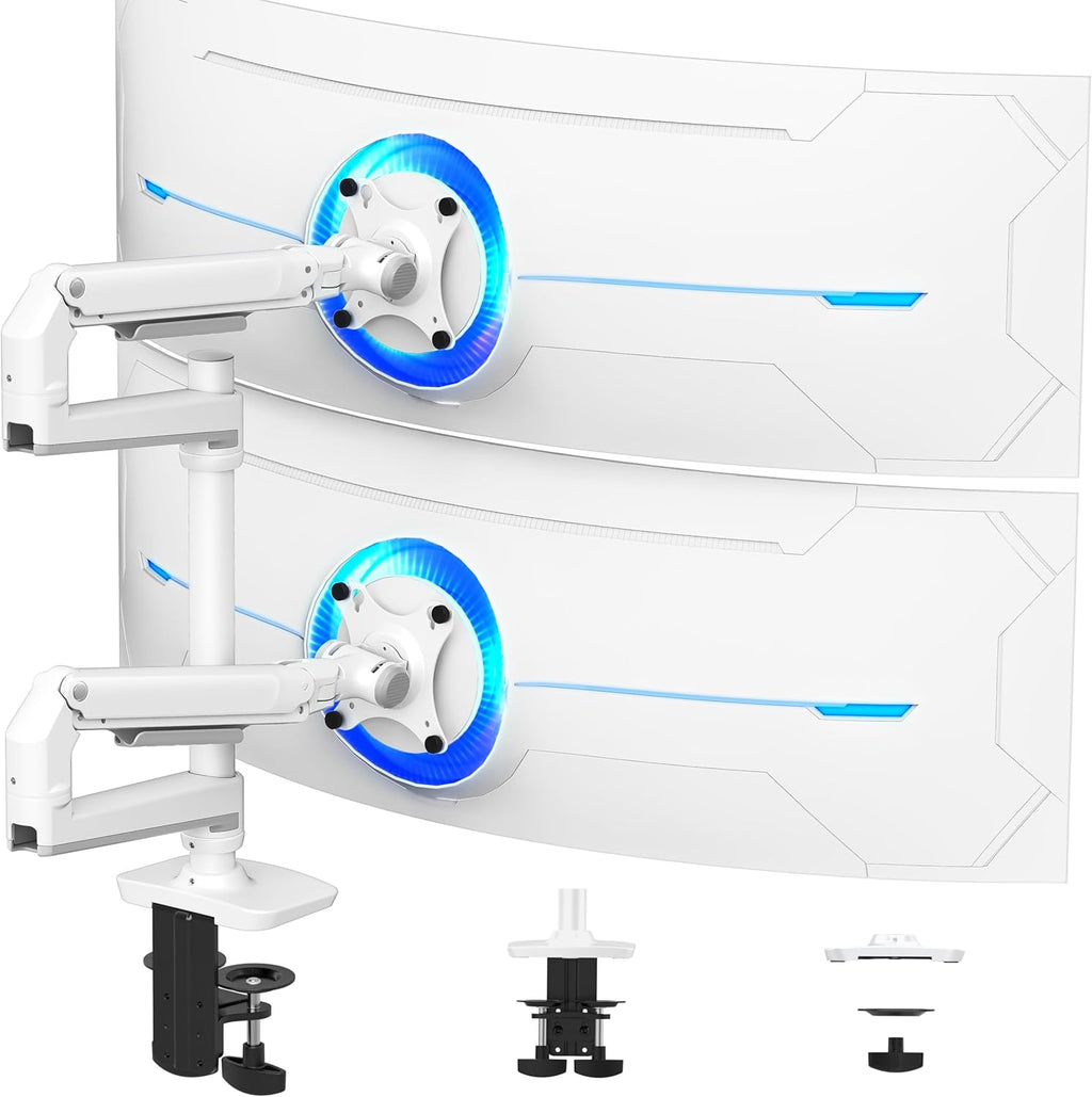 Dual Monitor Mount, Holds Screens up to 40 Inches and 25 lbs, Fully Adjustable Dual Monitor Arm with C-Clamp and Grommet Base, Aluminum, White