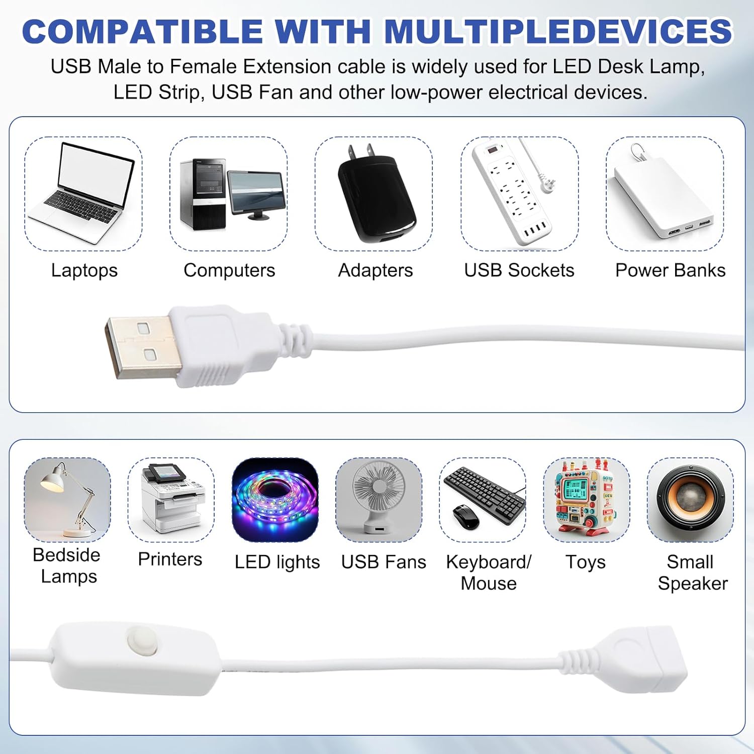 MECCANIXITY USB Extension Cable with ON/Off Button Switch 1m USB Male to Female Extension Cord for Desk Lamp Fan LED Light Strip White Pack of 1