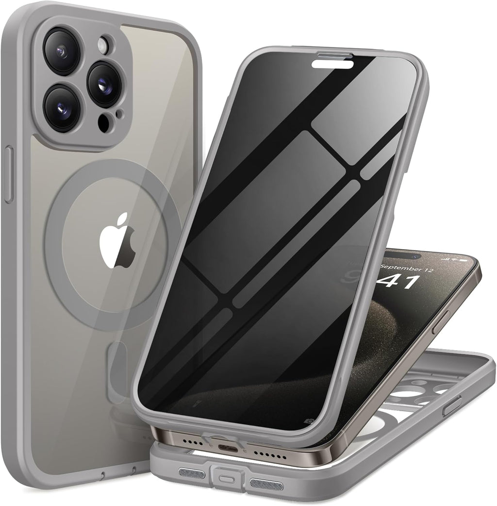 Magnetic for iPhone 15 Pro Max Case, Compatible with MagSafe, Built-in Privacy Screen Protector and Camera Protection, Anti Spy Full Body Dustproof Shockproof Hard Phone Case 6.7", Light Gray