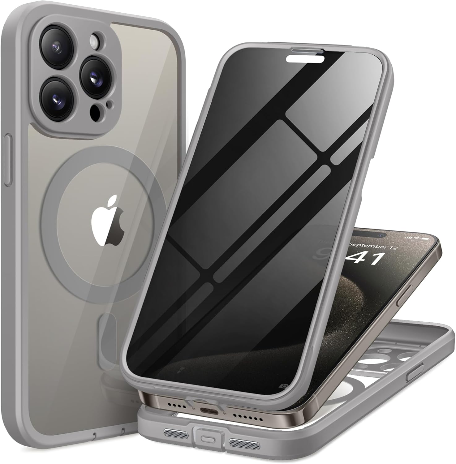 Magnetic for iPhone 15 Pro Max Case, Compatible with MagSafe, Built-in Privacy Screen Protector and Camera Protection, Anti Spy Full Body Dustproof Shockproof Hard Phone Case 6.7", Light Gray