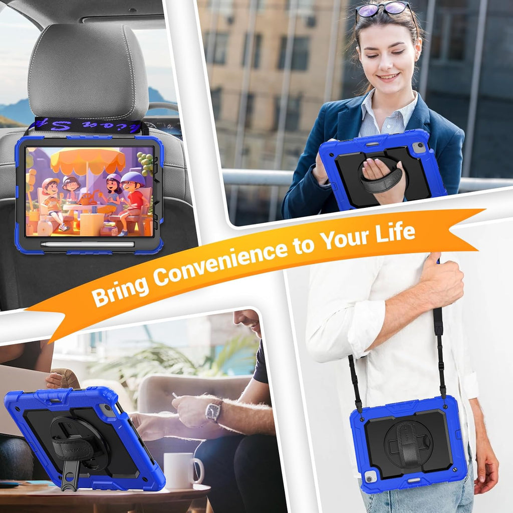 SEYMAC for iPad Air 5th/ 4th Generation Case 10.9 Inch, Full-Body Shockproof Protective Case with Screen Protector, Rotating Stand/Handle/Shoulder Strap/Pencil Holder for iPad Air 5/ Air 4, Blue