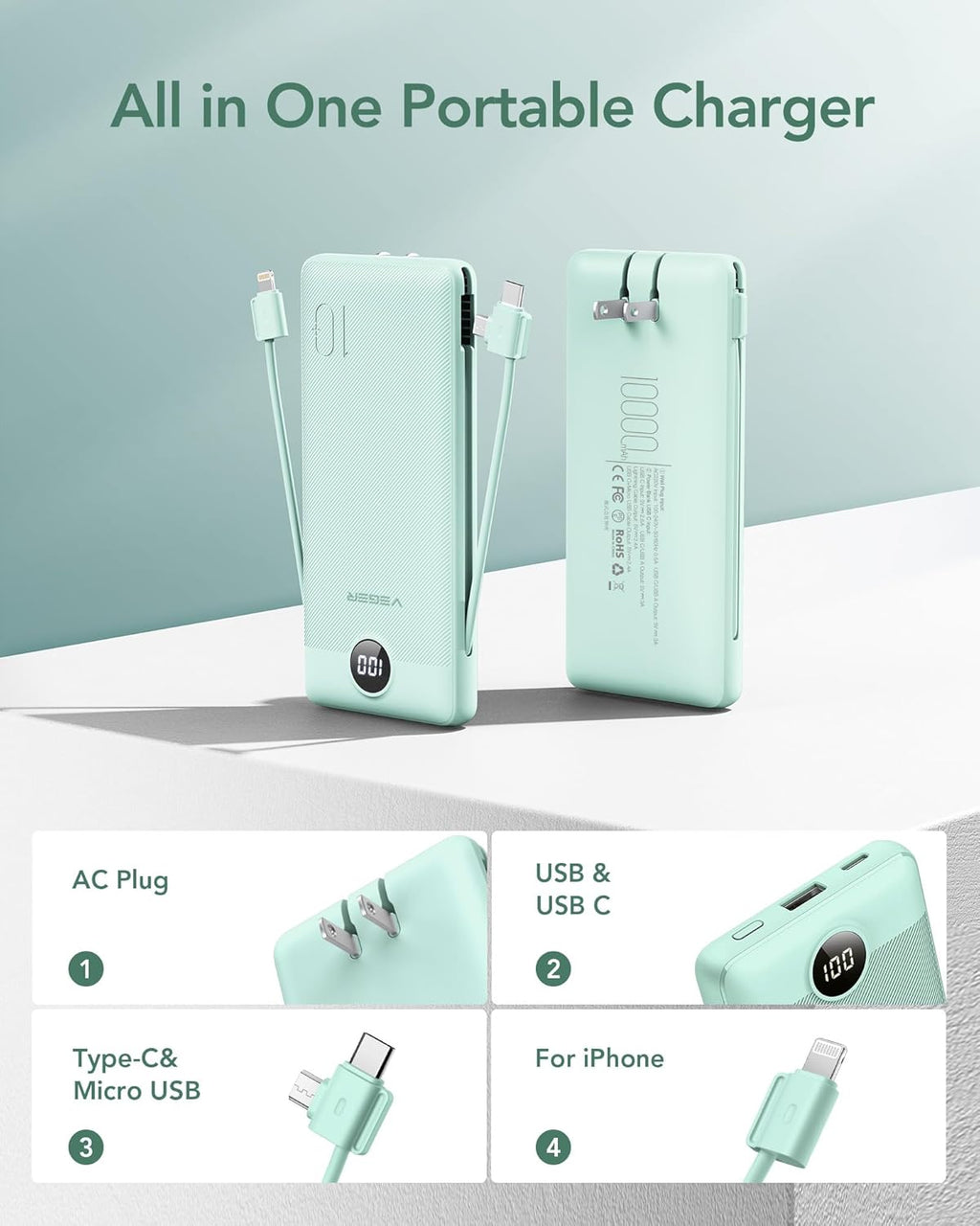 VEGER Portable Charger for iPhone with Built in Cables and Wall Plug, 10000mah Slim Fast Charging USB C Power Bank, Travel Essential Battery Pack Compatible with iPhone, iPad, Samsung etc(Green)