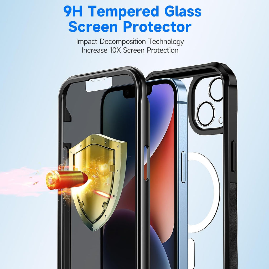 seacosmo for iPhone 14 Case, Full Body Bumper with Built-in 9H Tempered Glass Privacy Screen Protector and Camera Lens Protector, Compatible with MagSafe, Shockproof Phone Cover, 6.1", Black
