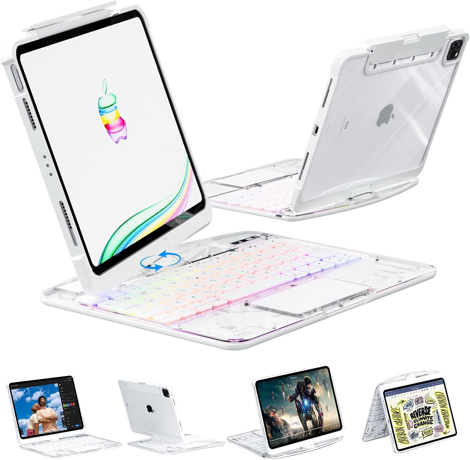 KARTICE Case with Wireless Keyboard Compatible with iPad Pro 11 2024 11 inch, Multi-Touch Trackpad, 7 Color Backlight, 360° Rotating Stand with Pencil Holder for iPad Pro 11, Excludes iPad and Pencil