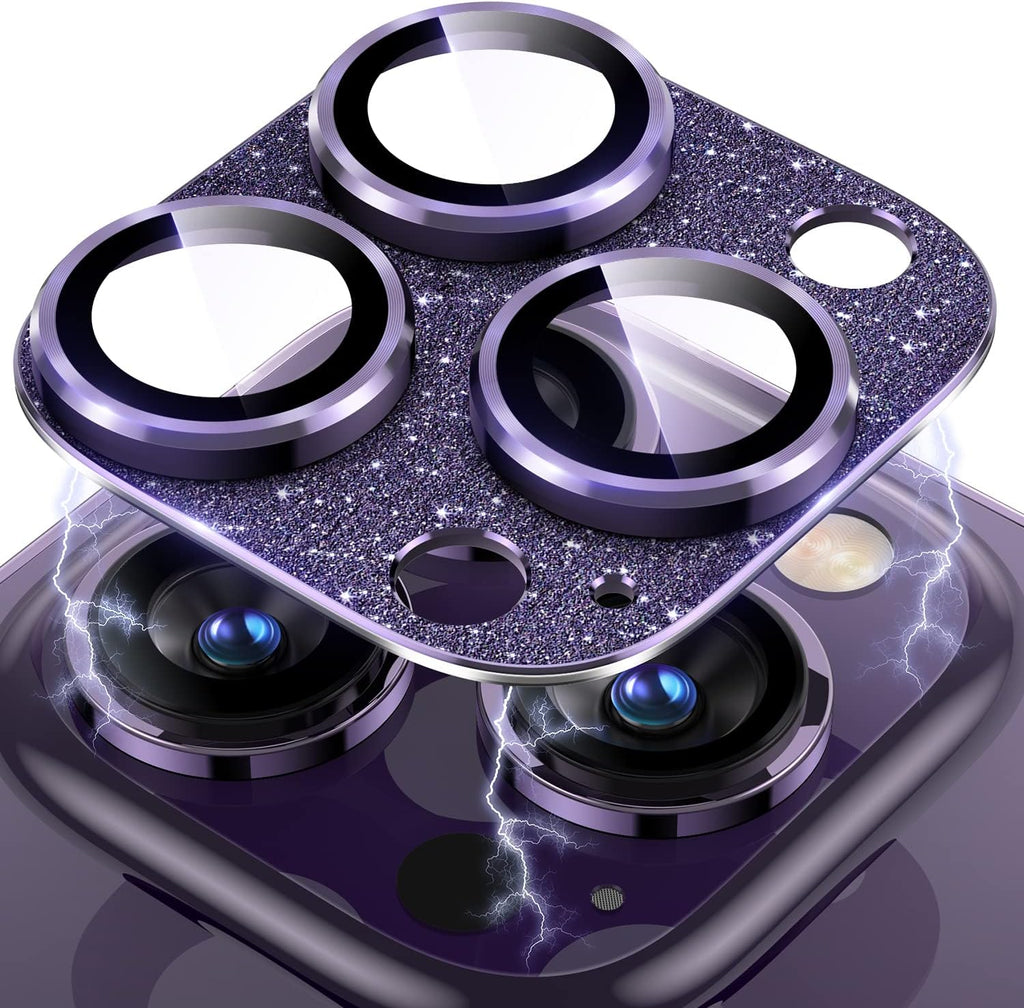 Uyiton for iPhone 14 Pro/iPhone 14 Pro Max Camera Lens Protector, [Drop Protection] 9H Tempered Glass Camera Cover screen Metal Ring Case Friendly Scratch Resistant Easy to Install - Glitter Purple