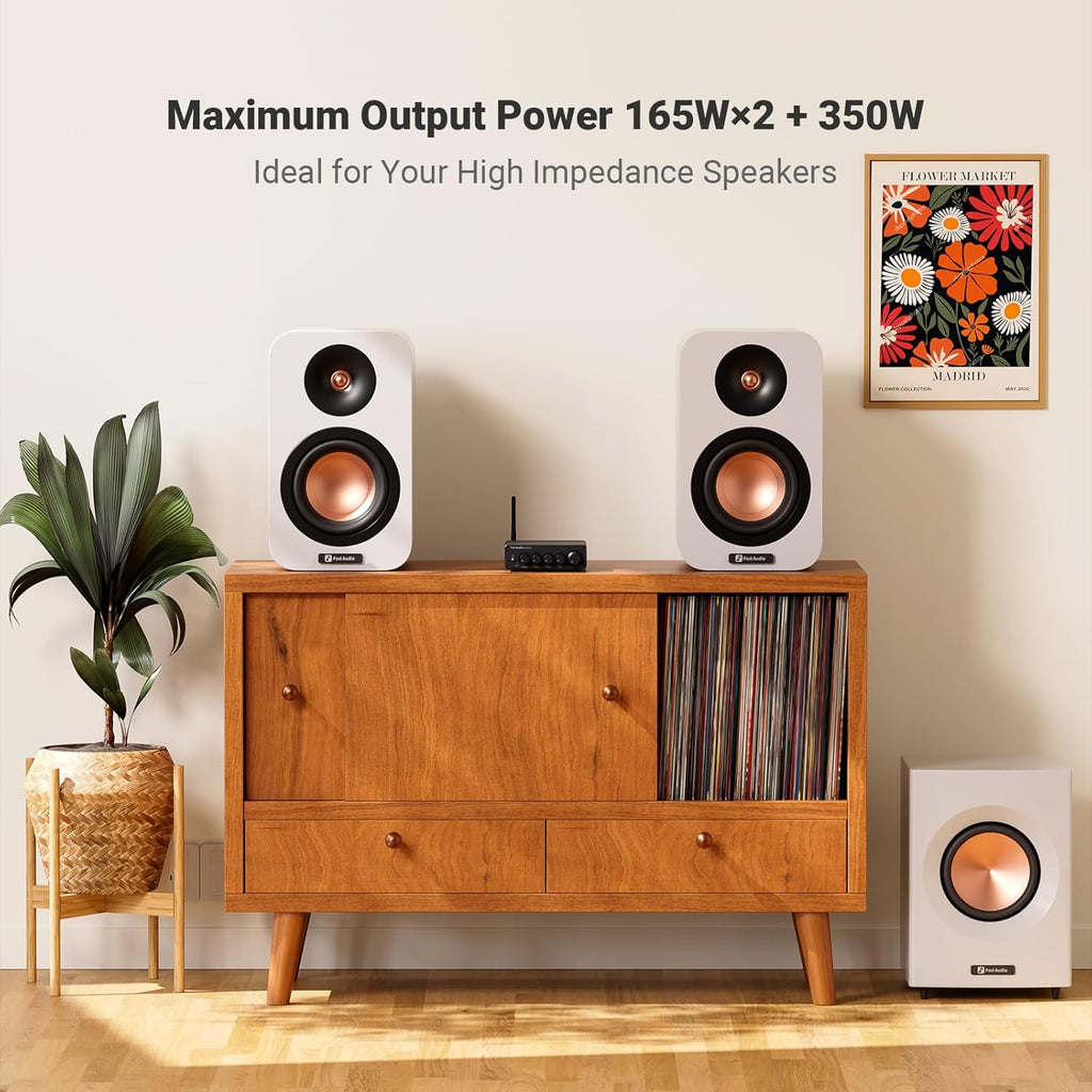 Fosi Audio Bluetooth Subwoofer Amplifier 2.1, BT30D Pro Subwoofer Amp with TPA3255 Chips 165W x2+350W & Bass Treble Control, 2.1 Channel Sub Amplifier for Desktop/Outdoor/Bookshelf Speakers