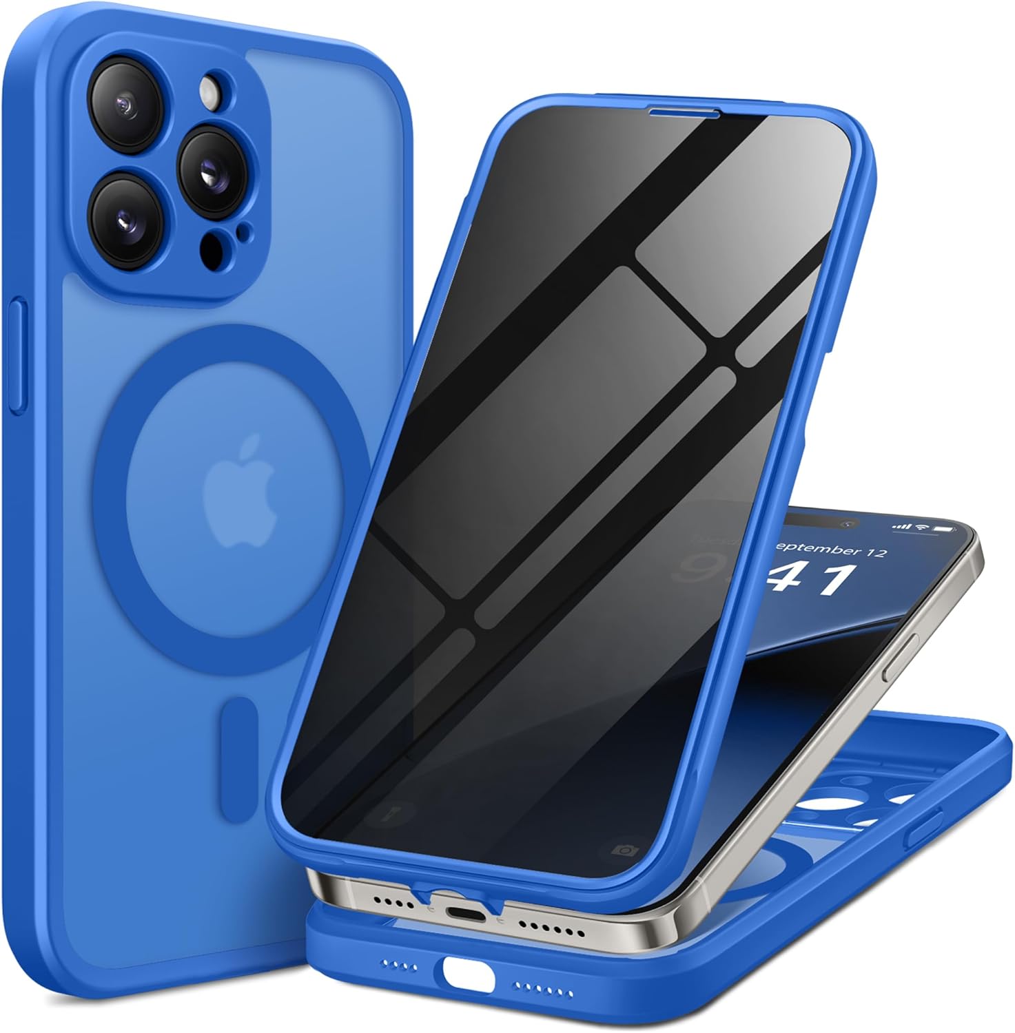 BERFY Magnetic for iPhone 14 Pro Max Case, Compatible with MagSafe, Built-in Privacy Screen Protector and Upgraded Camera Protection, Anti-Spy Full Body Shockproof Phone Case for 14 Pro Max,Klein Blue