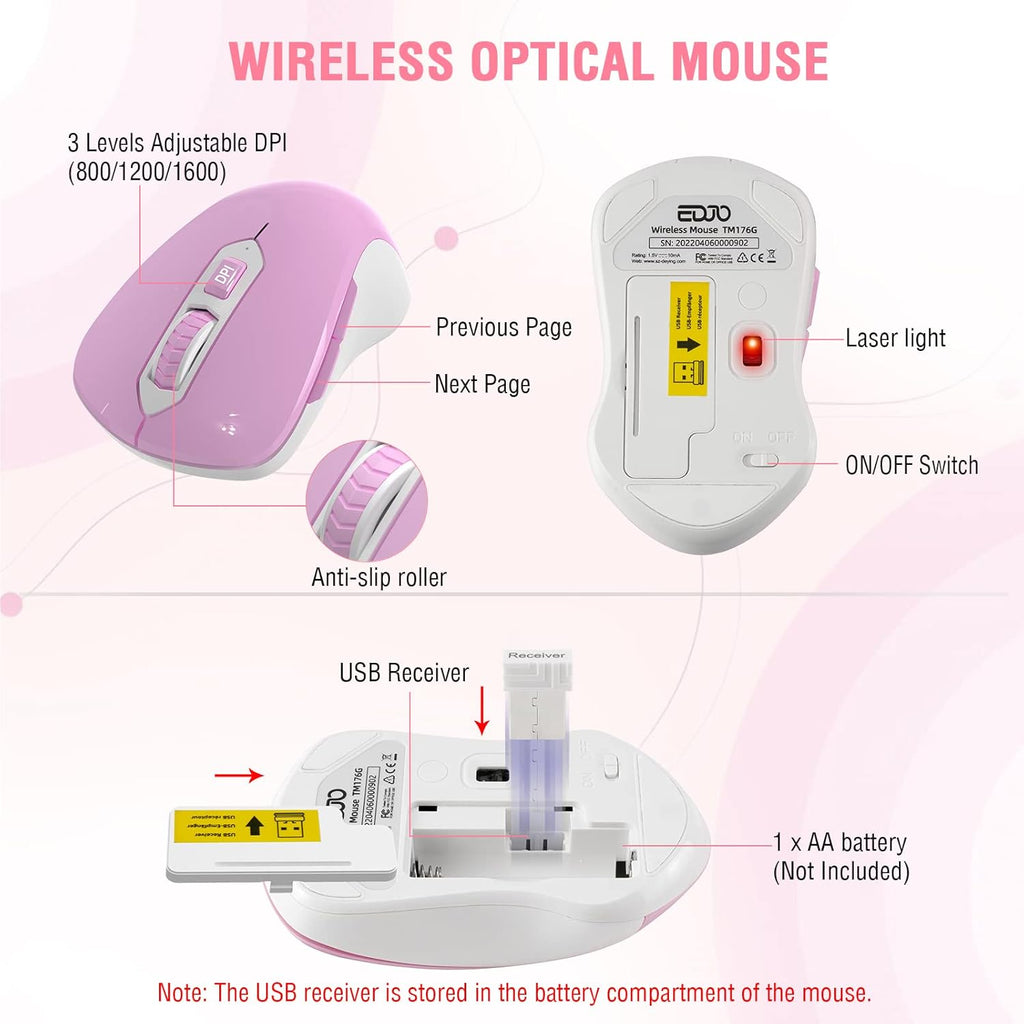 Wireless Keyboard and Mouse Combo, EDJO 2.4G Full-Sized Ergonomic Computer Keyboard with Wrist Rest and 3 Level DPI Adjustable Wireless Mouse for Windows, Mac OS Desktop/Laptop/PC(White Pink)
