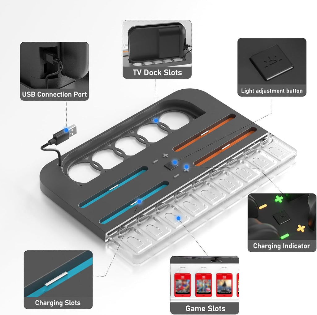 Charger Dock Station for Nintendo Switch 2 Joycon, Switch 2 Charging Dock with RGB Light Mode, Portable Charging Station with 9 Game Slots