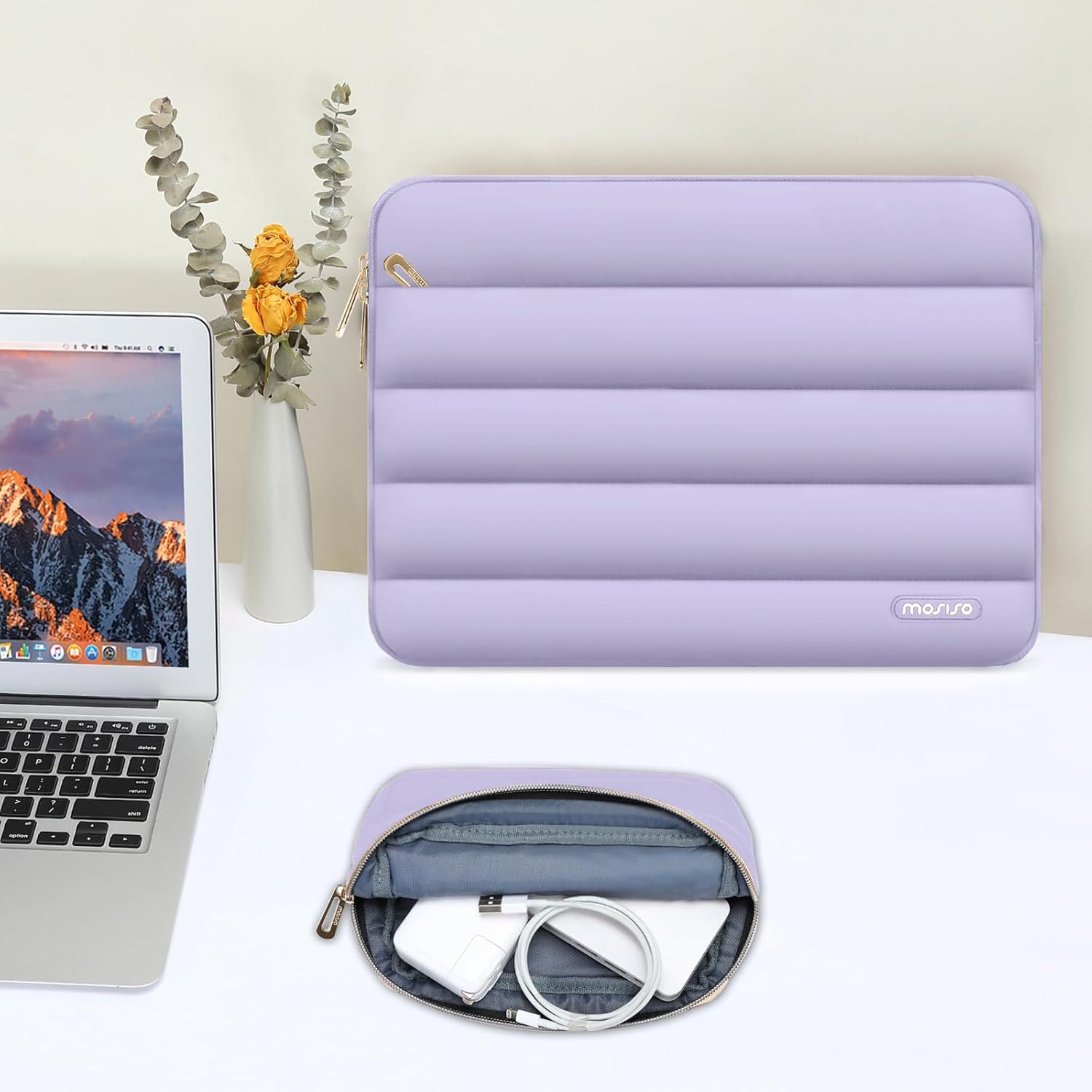 MOSISO 15-15.6 inch Laptop Case, 16 inch Puffy Laptop Sleeve Compatible with MacBook Pro 16, HP Dell ASUS Acer Toshiba Lenovo Notebook Computer, Polyester Horizontal Bag with Small Case, Purple