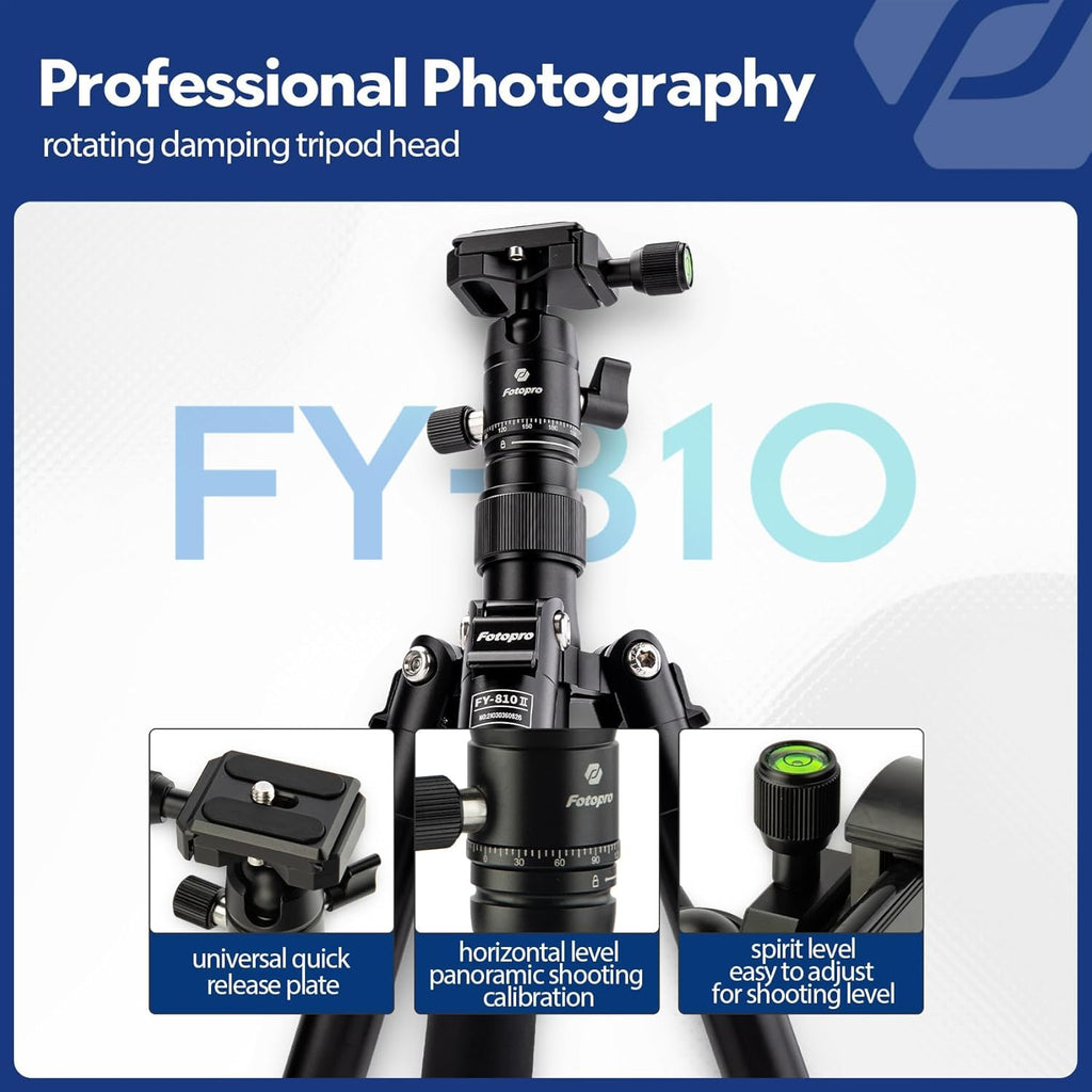 Fotopro Mini Tripod with Ball Head Phone Mount Detachable Selfie Stick Folded only 8.6" Max Load up to 6.6 lbs FY-810 Black