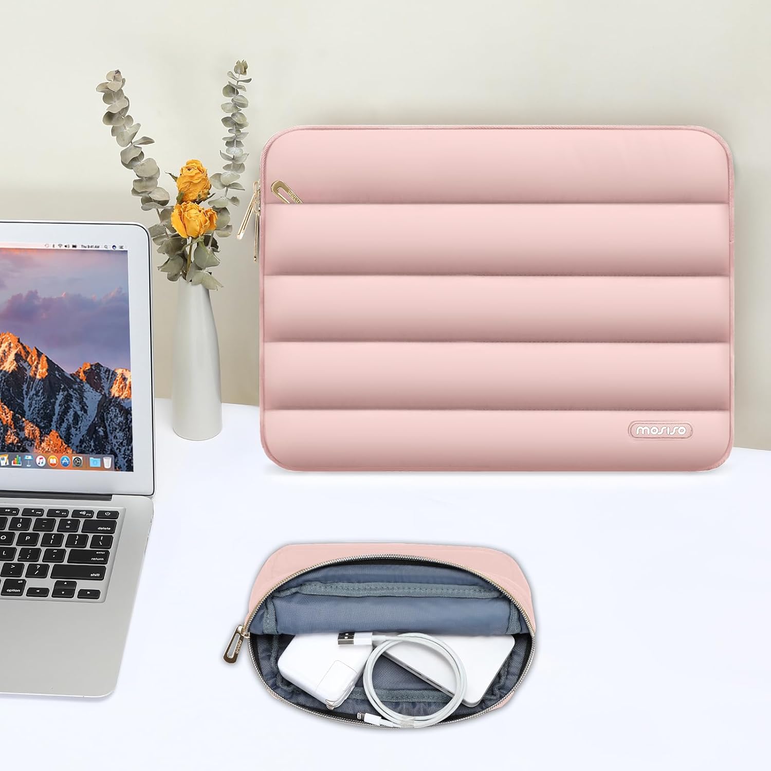 MOSISO 14 inch Laptop Case, 14 inch Puffy Laptop Sleeve Compatible with HP Lenovo Dell ASUS Acer, HP Stream, Dell Latitude, Lenovo IdeaPad, Polyester Horizontal Bag with Small Case, Pink