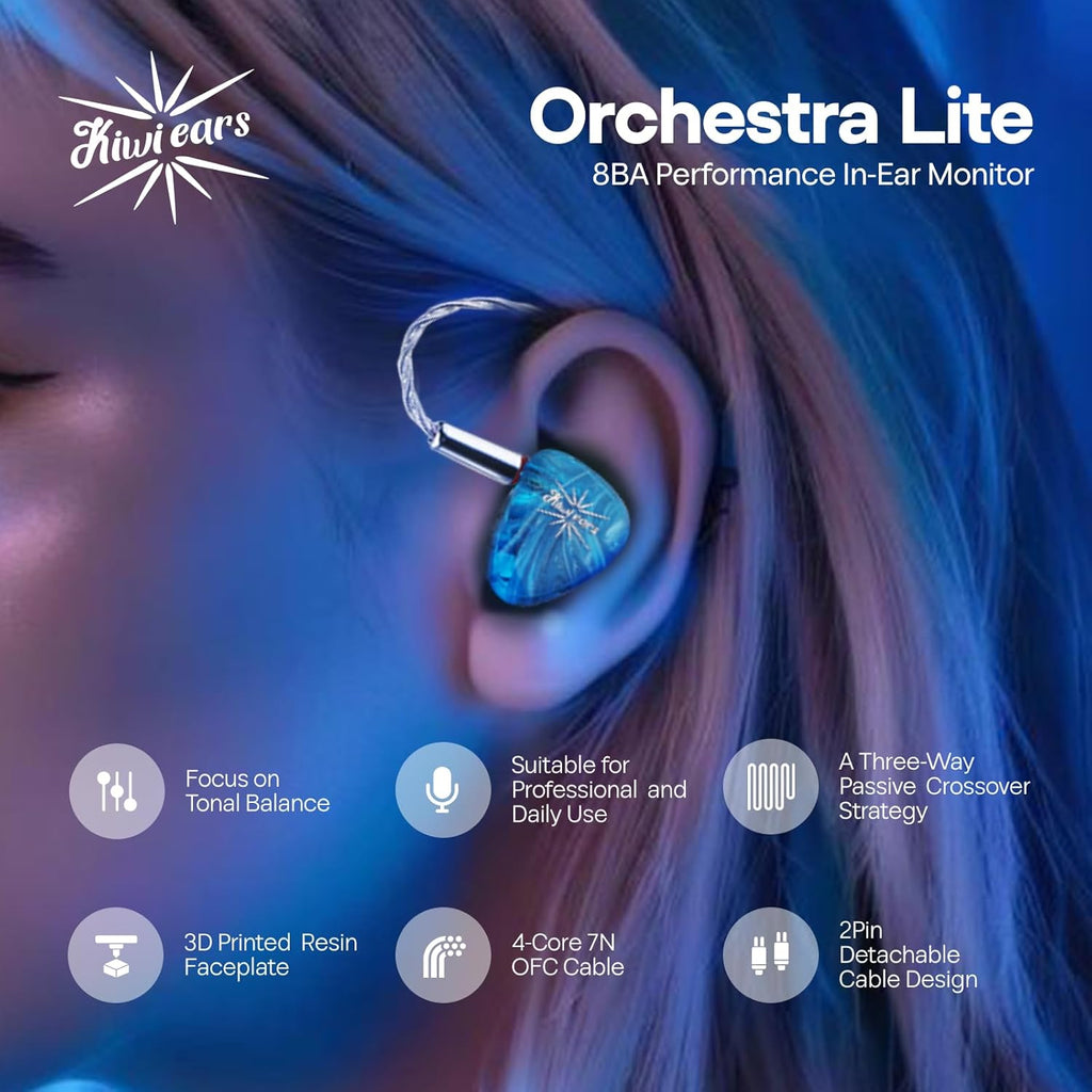 Linsoul Kiwi Ears Orchestra Lite Performance Custom 8BA in-Ear Monitor IEM with Detachable 4-core 7N Oxygen-Free Copper OFC Cable, Handcrafts Faceplate for Audiophile Studio Musician (Blue)