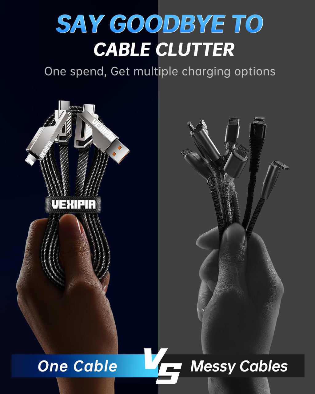 [Upgraded] Vexipia 4-in-1 Long USB C Cable 60W 10FT Lightning Cable Fast Charging Flat Nylon Braided for iPhone iPad Charger Cord[480Mbps Data Sync] Multi Charge Combo with Lightning/Type C/USB A Port