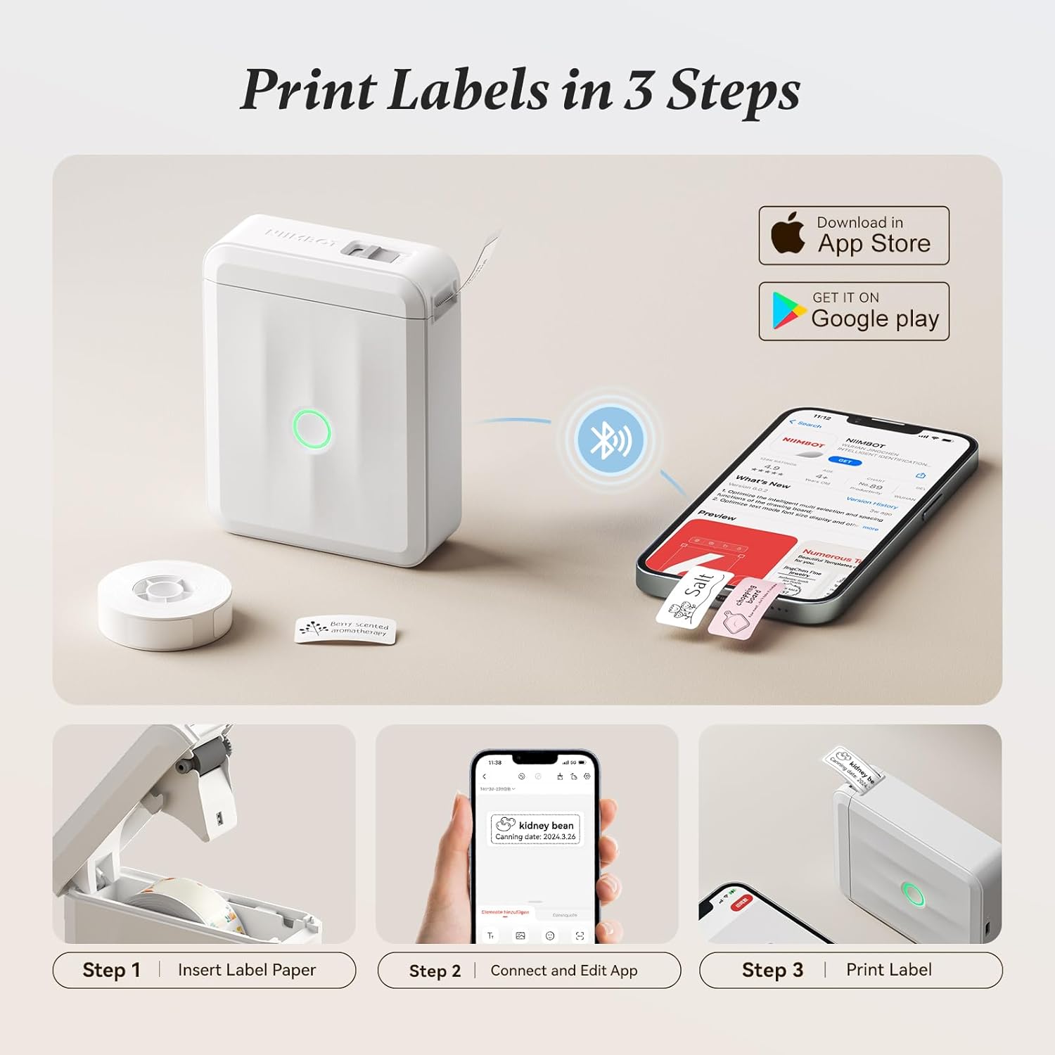 NIIMBOT Label Maker Machine Bluetooth Label Printer for School Home Office Organization, Wireless Mini Label Maker D110 Upgraded Version, Sticker Label Maker with 3Rolls Labels