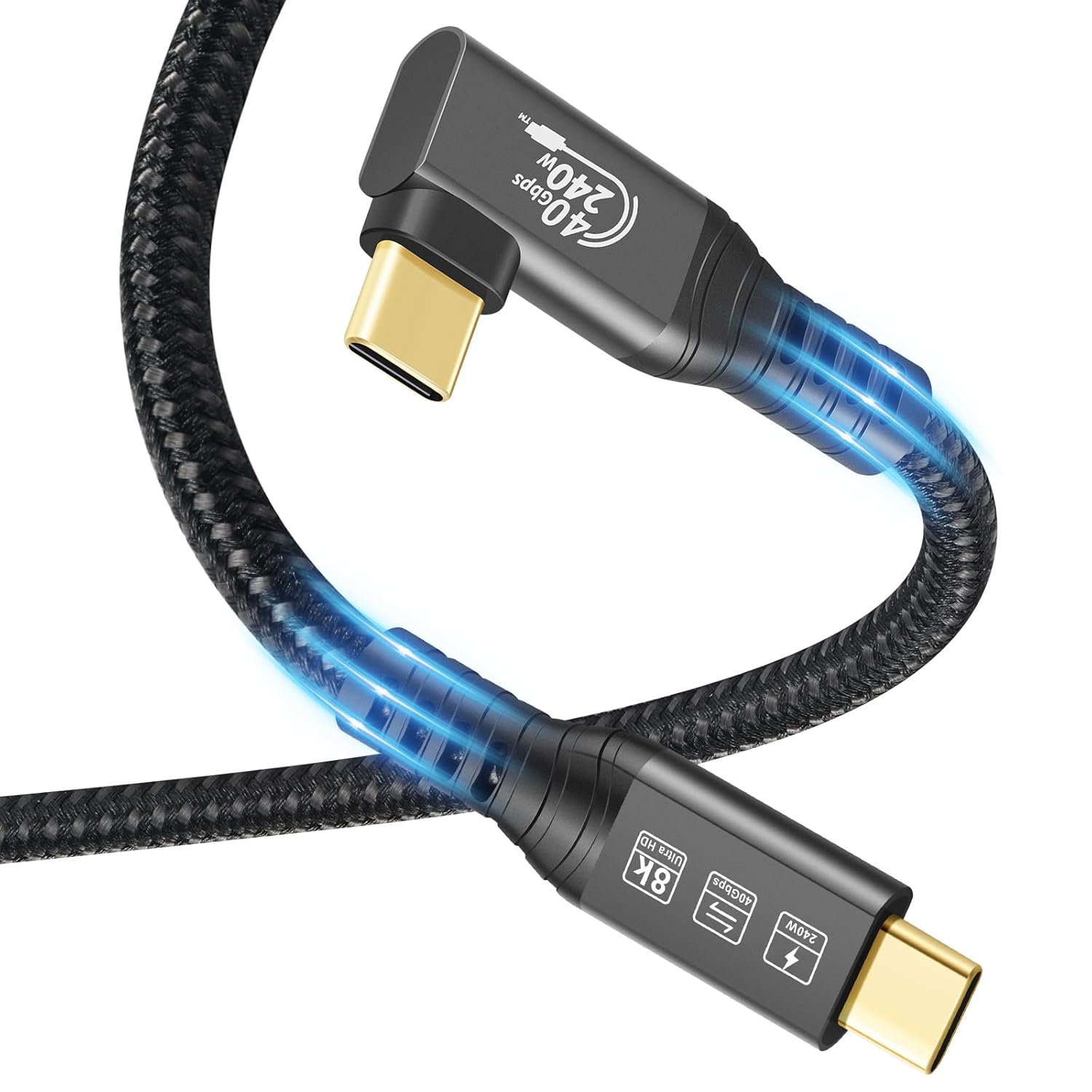 USB4 Cable, with Thunderbolt 4 Cable, 240W Charging, 40 Gbps Data, 8K @ 60Hz HDR, USB C to USB C, 90Degree for Hub, Dock MacBook, M2, M3, Mac SSD (90Degree USB4 40G 240W 1M)