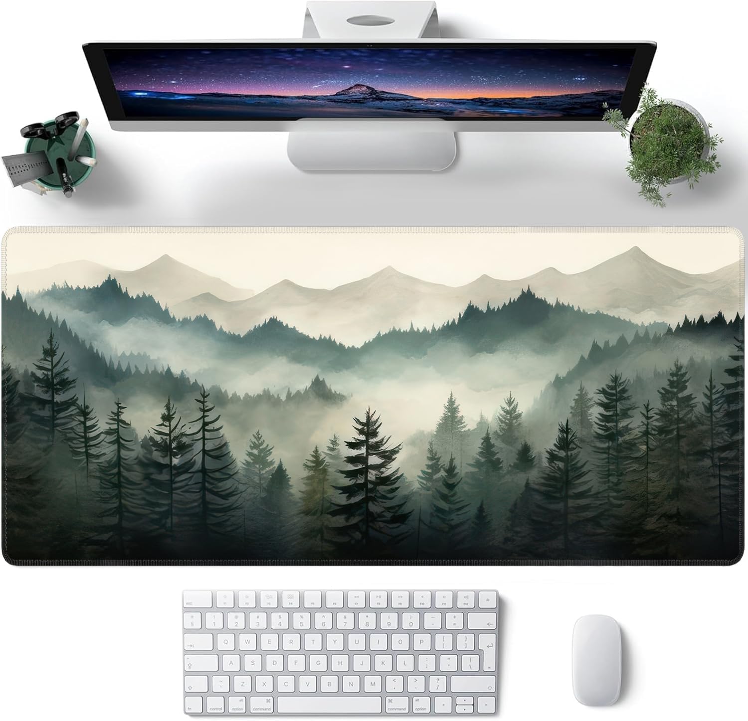 Misty Forest Large Mouse Pad,Gaming Keyboard Desk Pad,Extended Mouse Mat Non-Slip Rubber Base with Stitched Edges for Office Game Home XXL 35.4"x15.7"