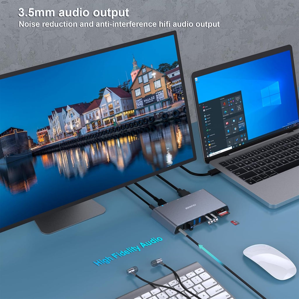 BENFEI 12-in-1 USB Type-A/USB Type-C Docking Station with Dual HDMI Display/6*USB Ports/SD/TF Card Reader/Gigabit Ethernet Network/3.5mm Female Headphone Jack Compatible with Windows and Mac