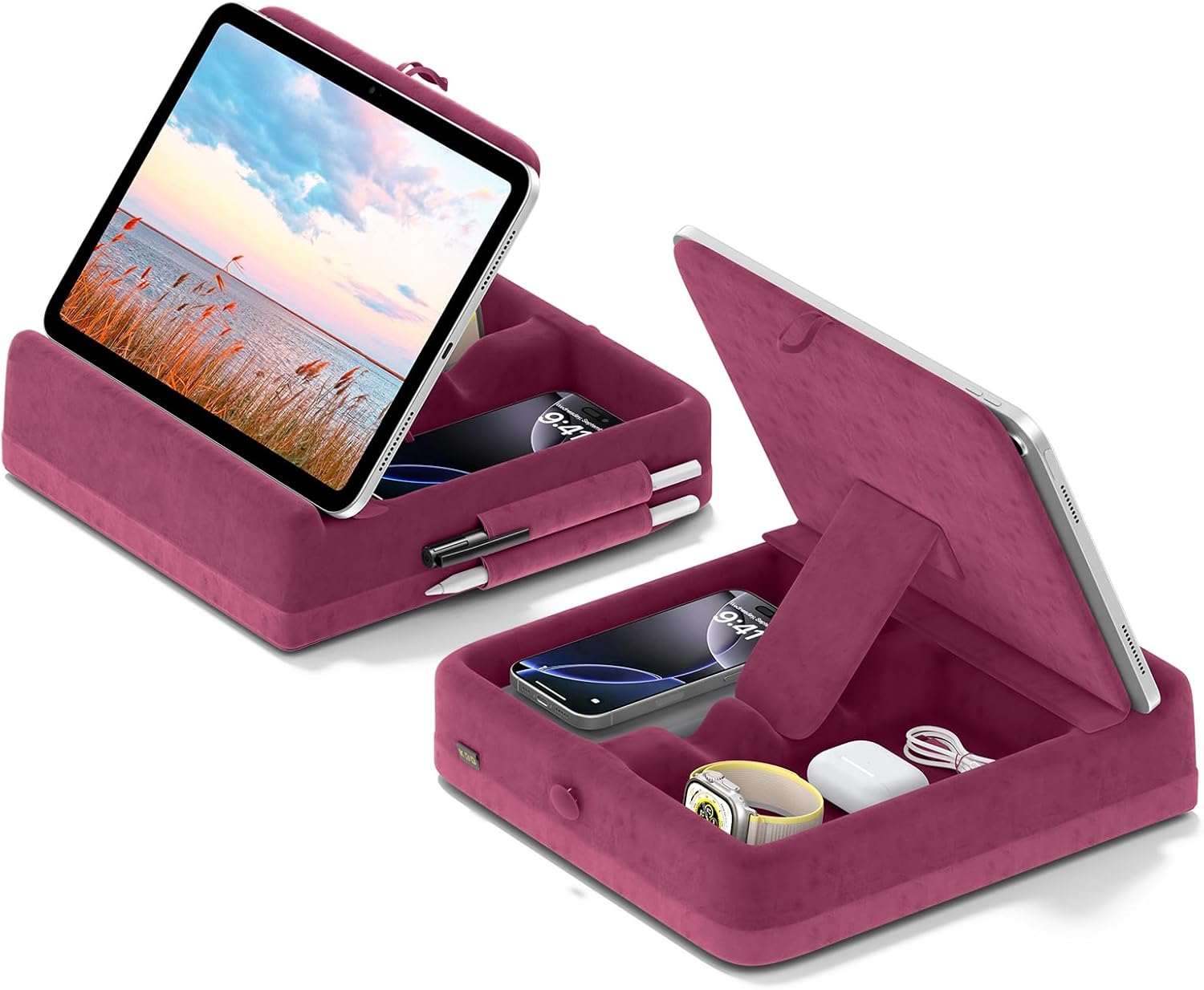 KDD Tablet Pillow Stand with Storage, Foldable iPad Holder for Lap, Desk and Bed, Angle Adjustable Soft Pad Dock with Stylus Mount Compatible with iPad Pro, Air, mini, Book, Phone and Tablet (4-13")