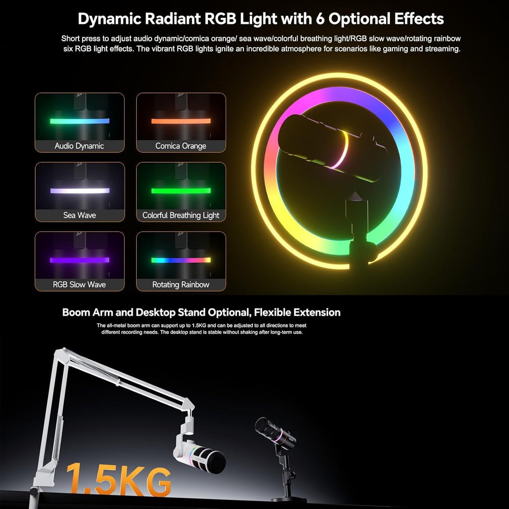 COMICA EJoy D10 D USB/XLR Dynamic Microphone with RGB Light &CalMix Denoise &Mute Button- Studio-Quality Cardioid Mic with Desktop Stand for Gaming, Streaming, Podcast,YouTube(PC/PS5/Xbox/Mac (White)