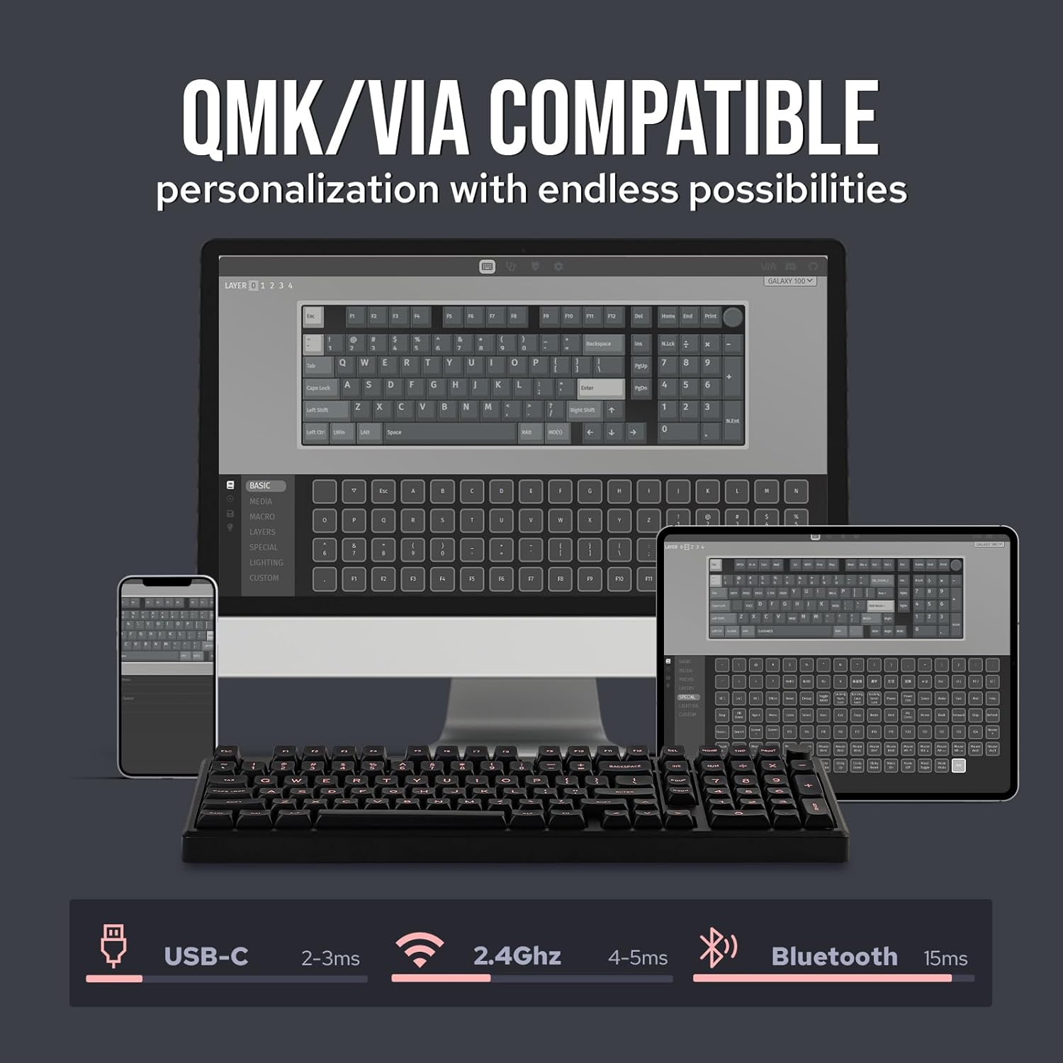 EPOMAKER Galaxy100 QMK/VIA Wireless Gaming Keyboard, Aluminum Shell, Bluetooth/2.4Ghz/USB-C, Pre-Lubed Hot-Swappable Linear Switches, NKRO, RGB Backlit (Black, Wisteria Linear Switch)