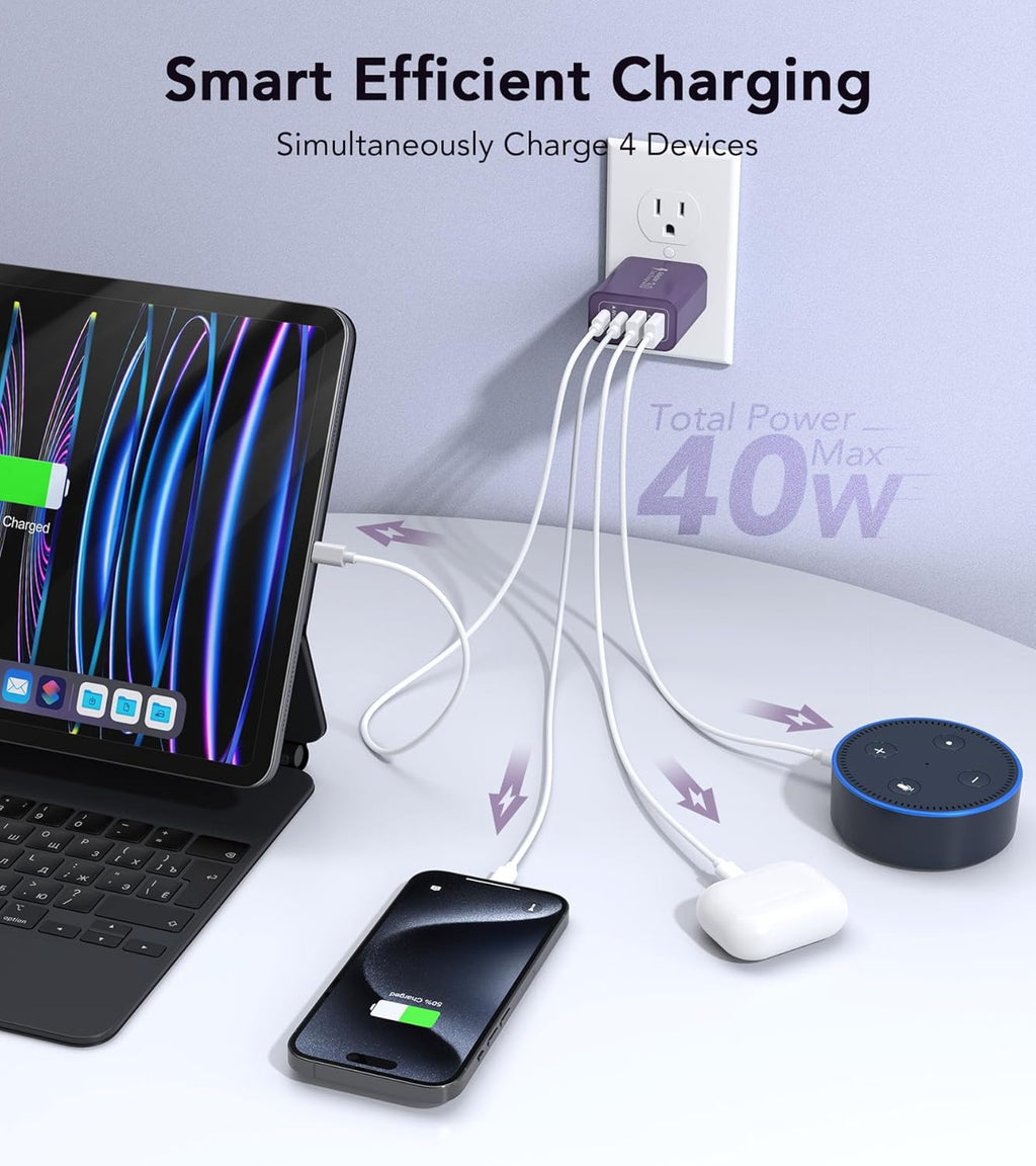 [2Pack] 40W USB C Plug,4-Port Fast Charger Block PD+QC 4 Port Charger Cube Wall Charging Box Brick for Samsung Galaxy S22/S21+/S21 Ultra,Magsafe Wireless Charger,iPhone 16/16 Pro Max/15/14/13(Purple)