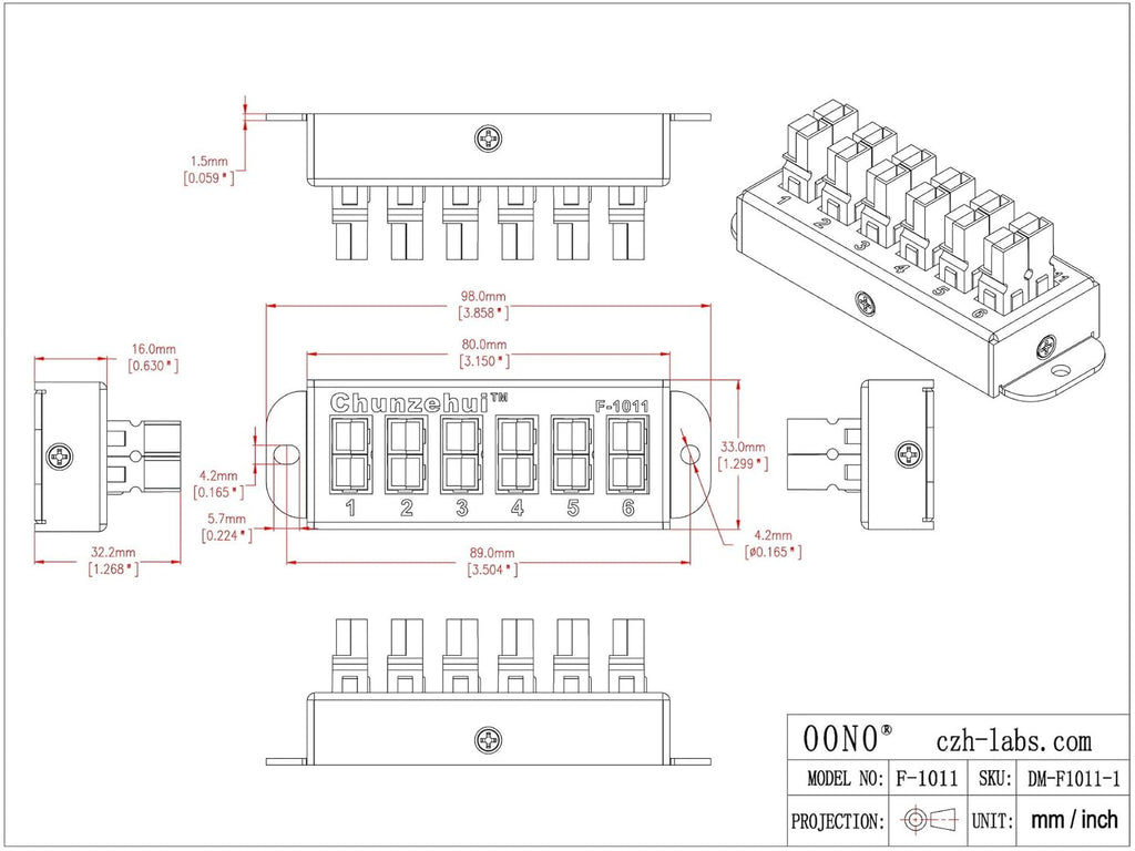 F-1011 6-Position 45A Power Pole Distribution Block Module, Connector Power Splitter Distributor Source Strip.