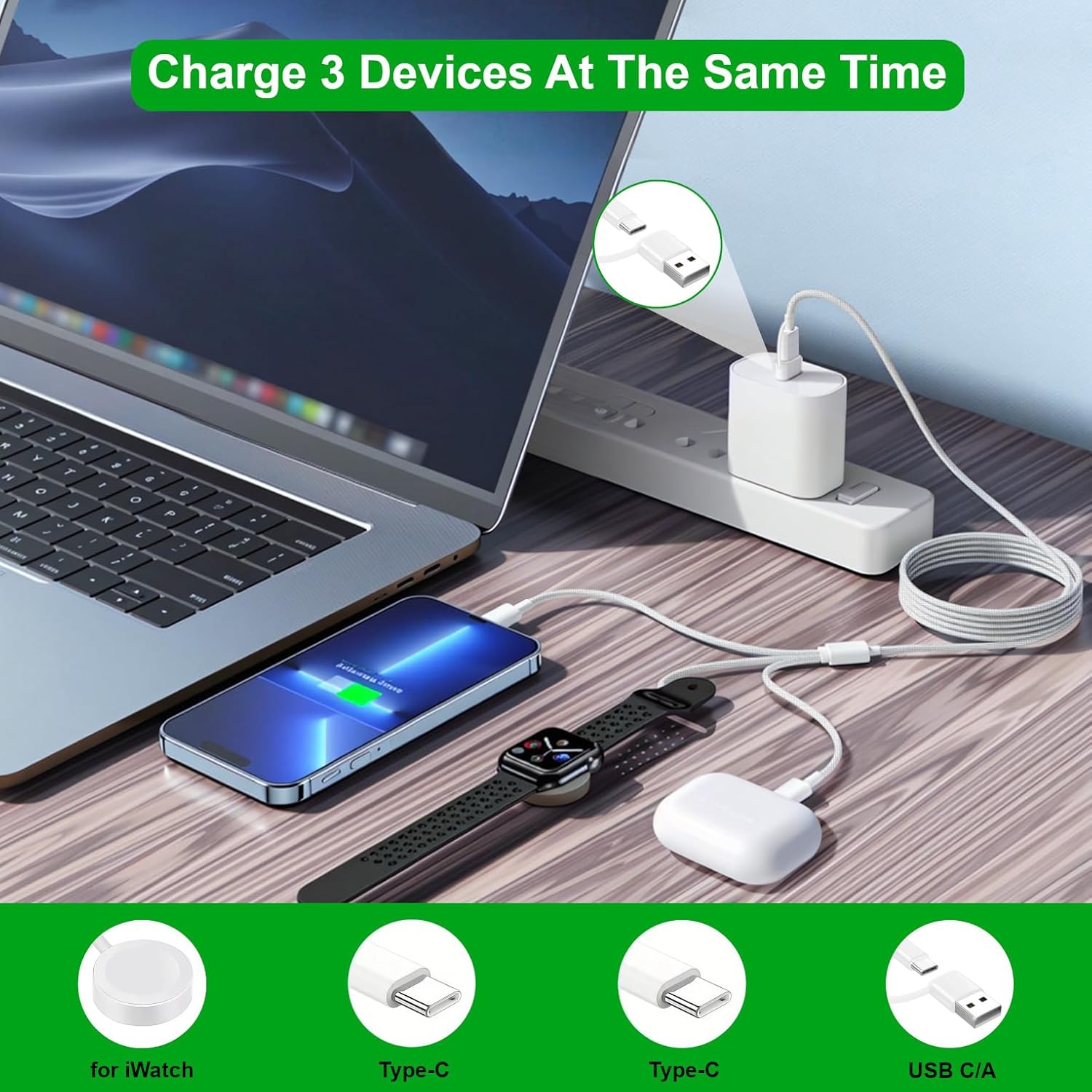 Upgraded 3 in 2 USB C Cable for Apple Watch Charger (4FT/1.2M) Travel USBC Multi Fast Charging Cord Compatible with iWatch Ultra 2/SE 2/10/9/8/7/6/5/4/3/2/1, iPhone 16/15 Pro Max Plus, iPad, AirPods