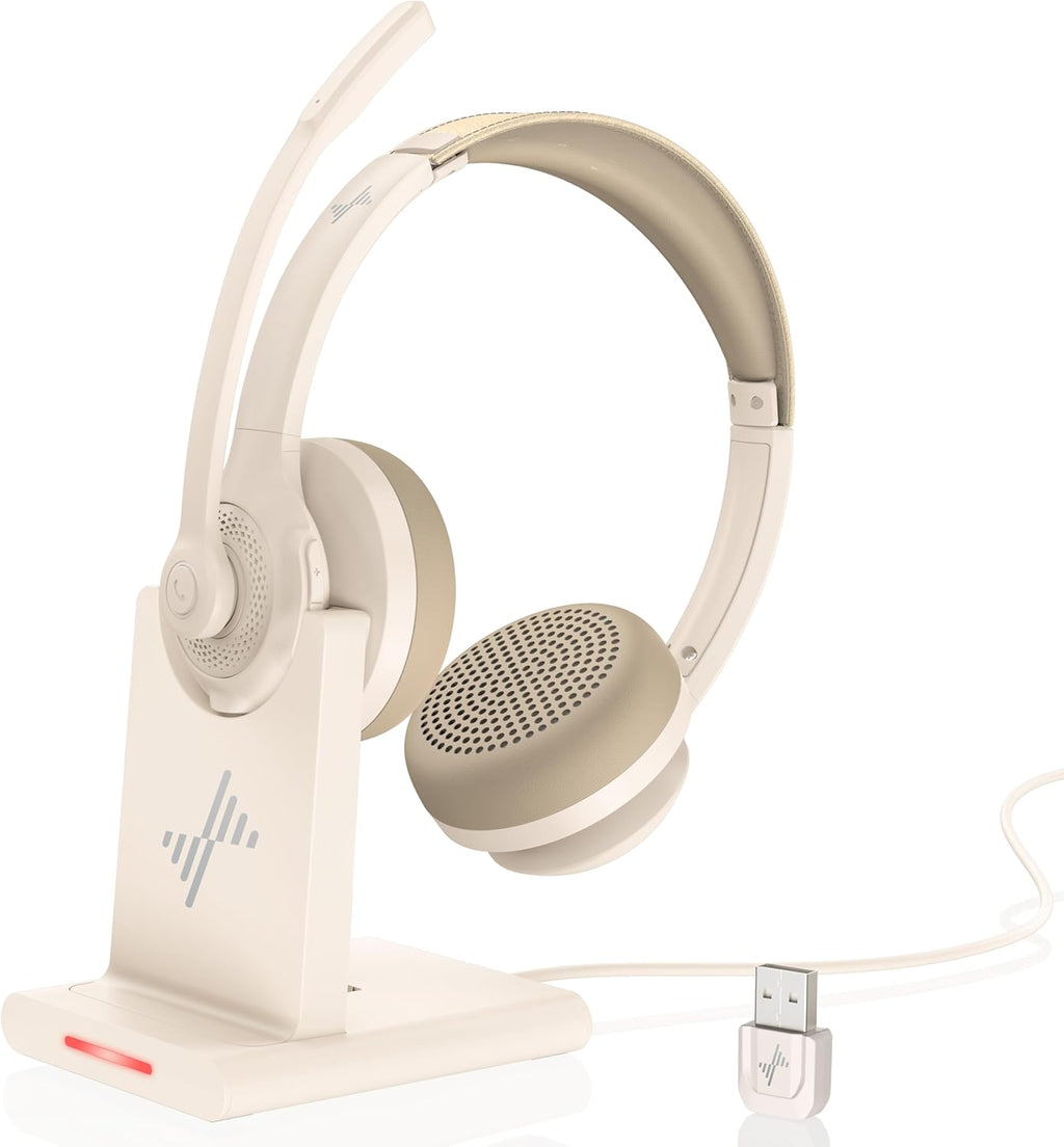 Wireless Headset with AI Noise Cancelling Microphone Bluetooth Headset - Bluetooth V5.2 Headphones with USB Dongle, Charging Base & Mic Mute for Computer/Laptop/PC/iPhone/Android/Cell Phones-White