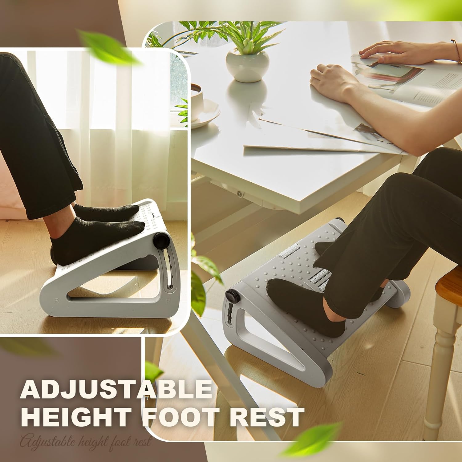 2 Pcs Foot Rest for Under Desk at Work, Ergonomic 6 Heights Adjustable Footrest with Massage Roller, Chair Footrest for Leg Rests for Office and Home Pressure Relief(Gray)