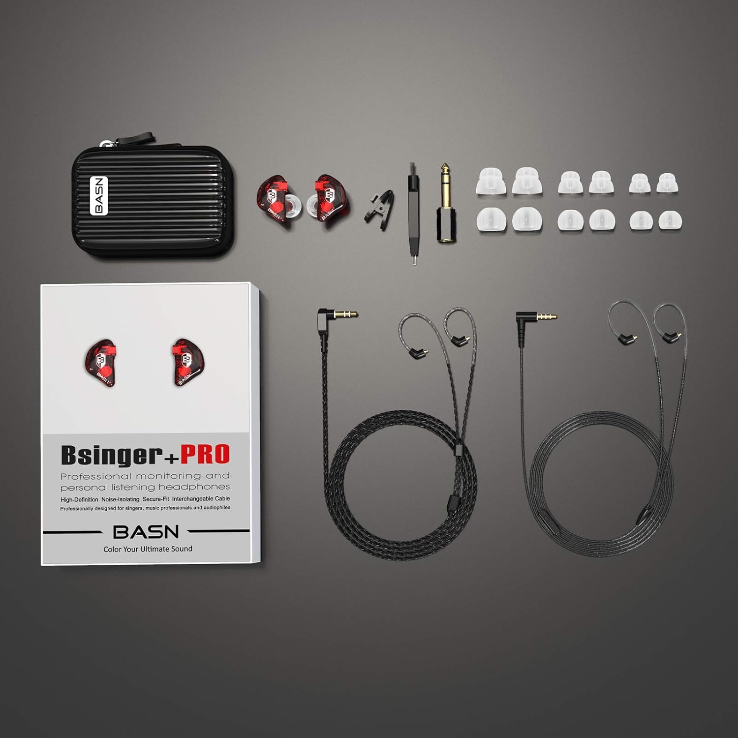 BASN Bsinger PRO in-Ear Monitors Hybrid Dynamic Dual Drivers Two Detachable MMCX Cables Musicians in-Ear Earbuds Headphones (Red)