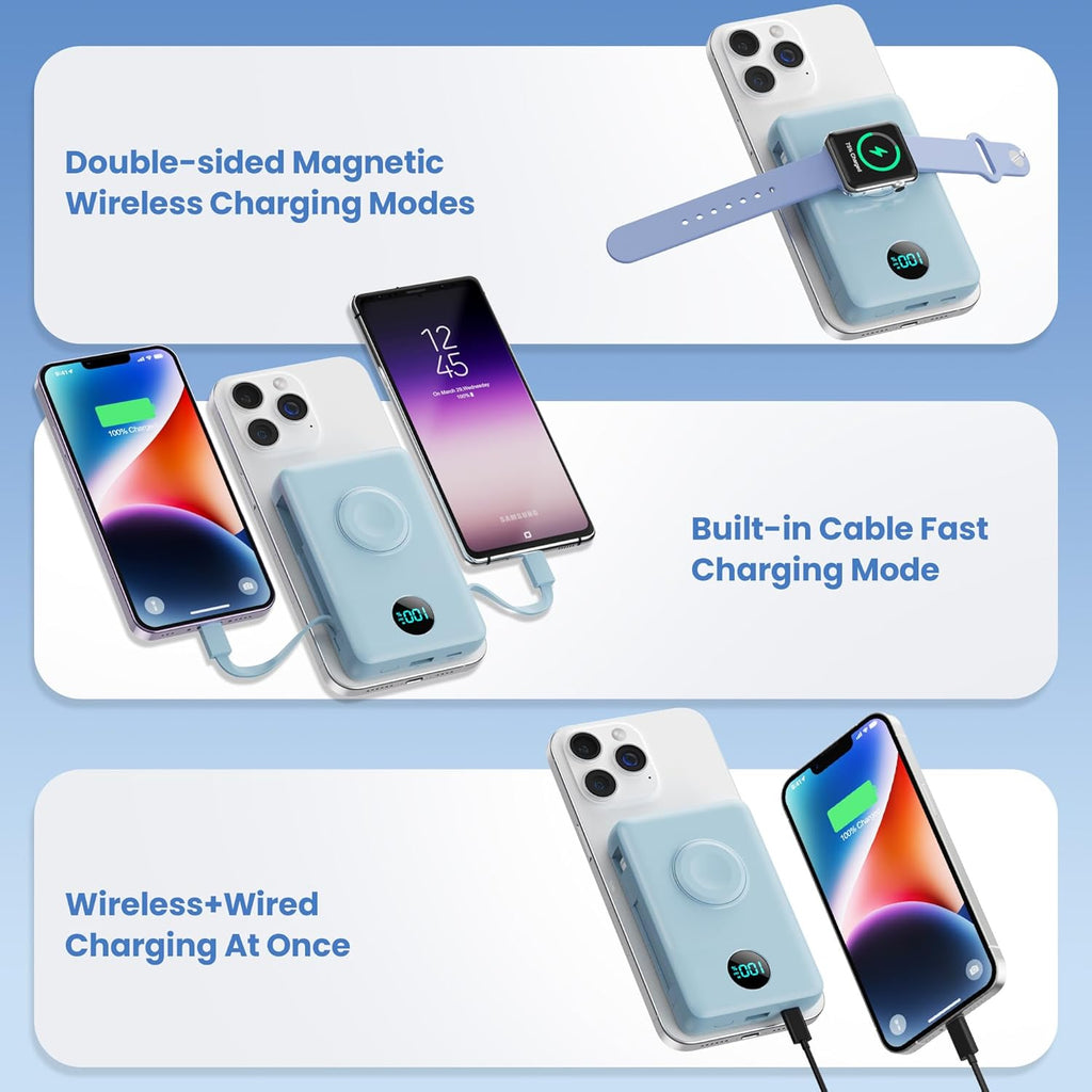 Magnetic Portable Charger 10800mAh for iPhone with Built-in Cables, 6-in-1 Wireless Power Bank with iWatch Charger, 25W PD Fast Charging USB C Battery Pack for iPhone 16/15/14/13,Apple Watch(Sky Blue)